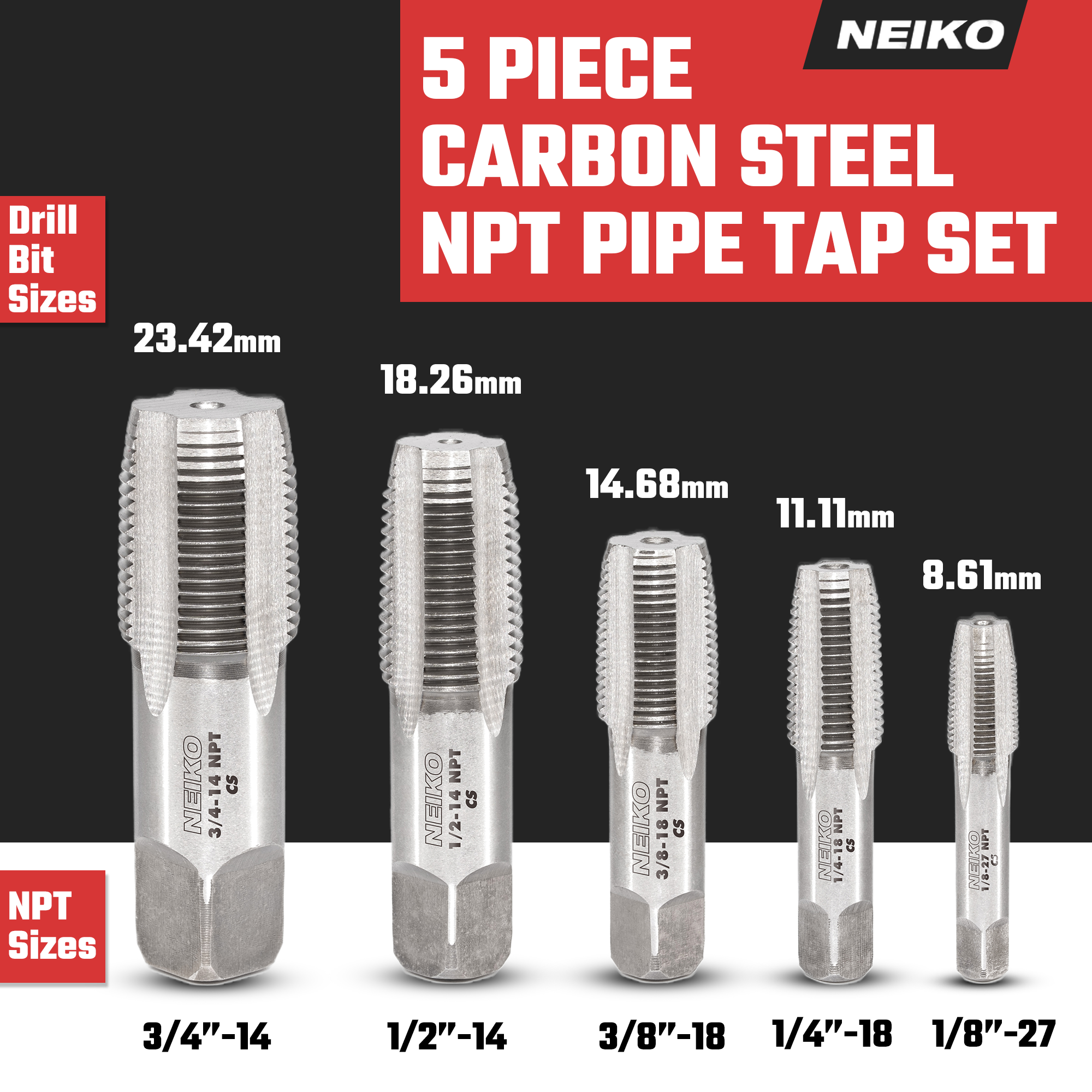 NPT Pipe Tap Set – 1/8”–3/4”, Tapered Threading Taps (5-Piece)