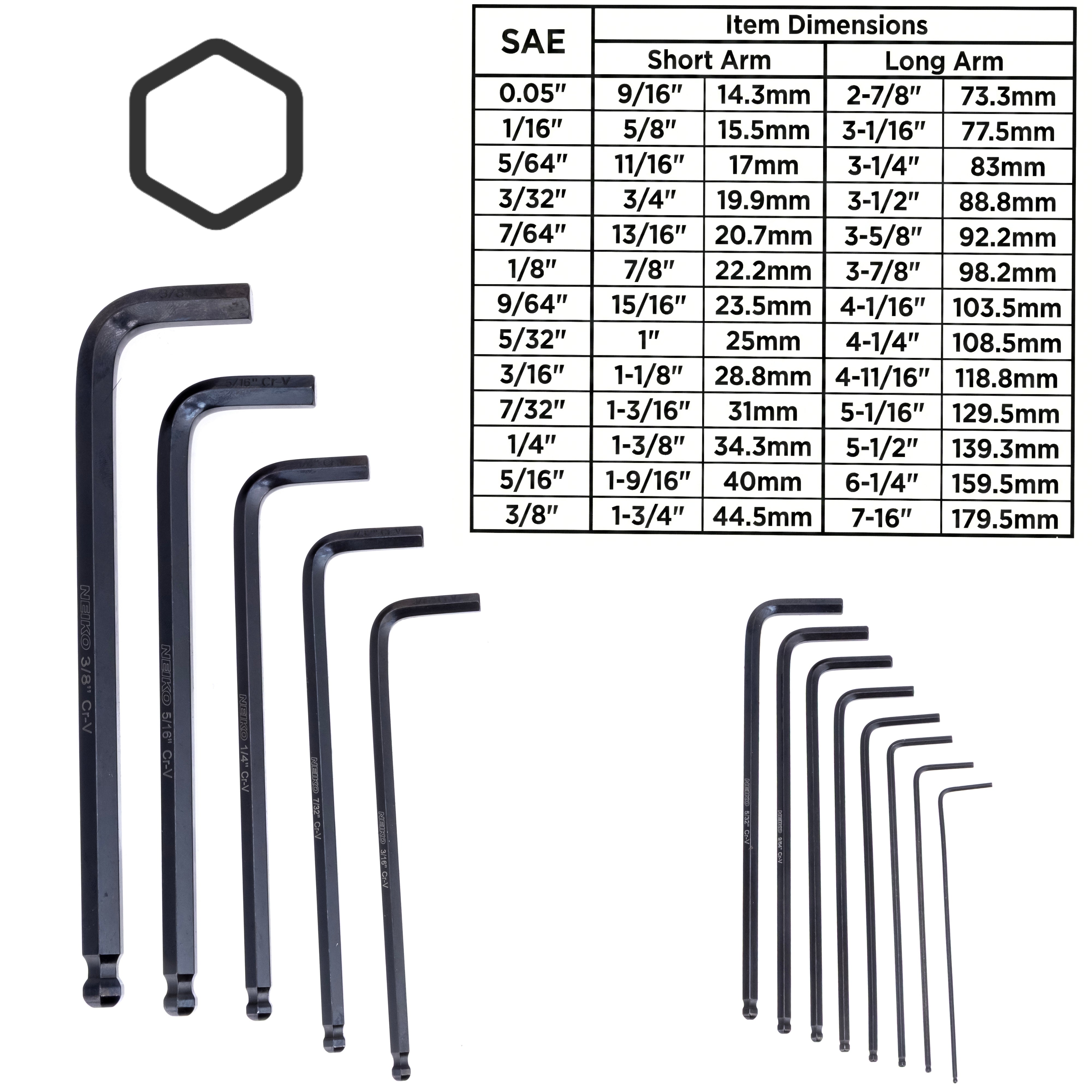 NEIKO 01101A Standard Allen Wrench Set, 13 Piece Ball End Hex Key Set, SAE Long Allen Keys 0.05” to 3/8 Inch Hex Wrench Set for Bike Bicycle Repair, Black Oxide Chrome Vanadium, Hanging Storage Case