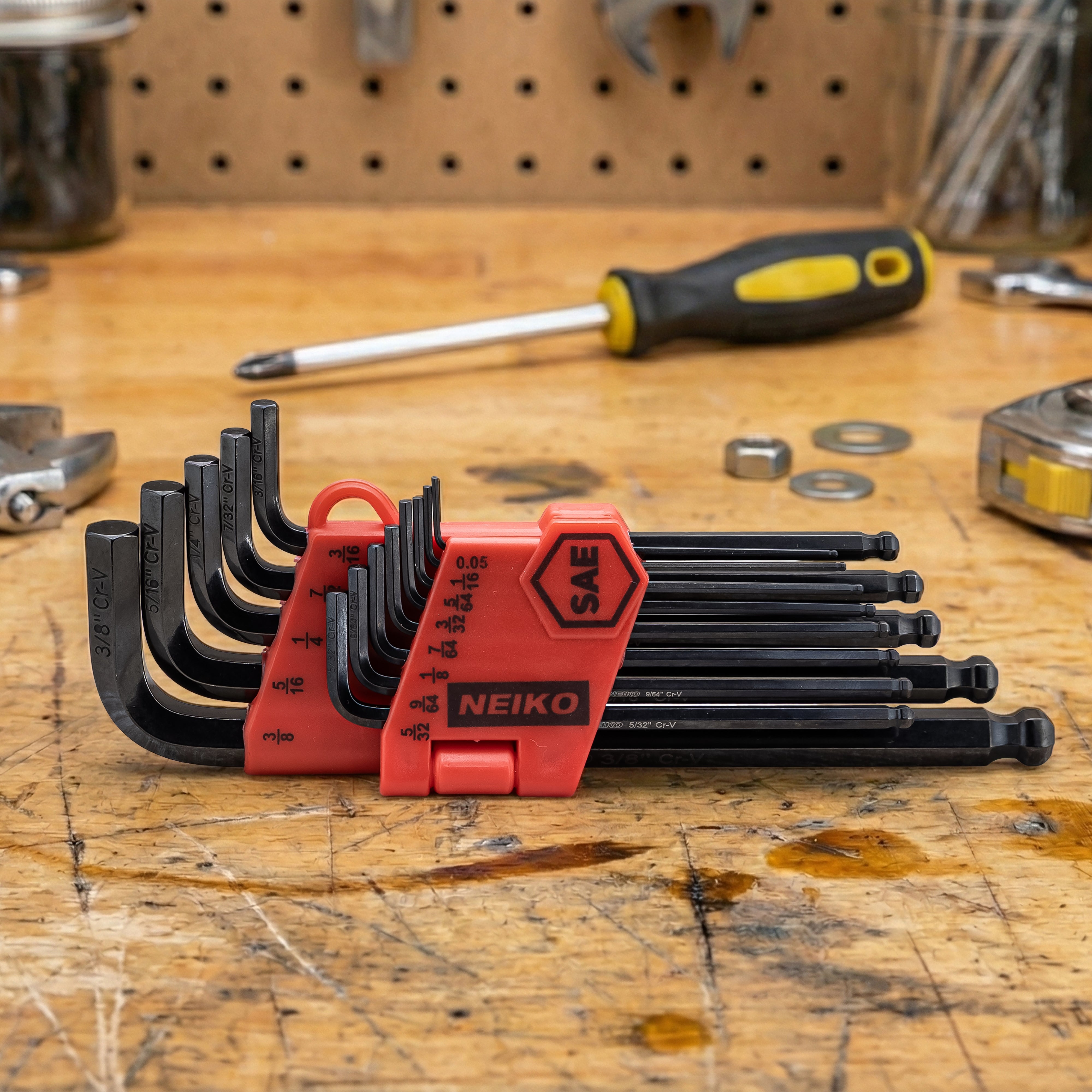 NEIKO 01101A Standard Allen Wrench Set, 13 Piece Ball End Hex Key Set, SAE Long Allen Keys 0.05” to 3/8 Inch Hex Wrench Set for Bike Bicycle Repair, Black Oxide Chrome Vanadium, Hanging Storage Case