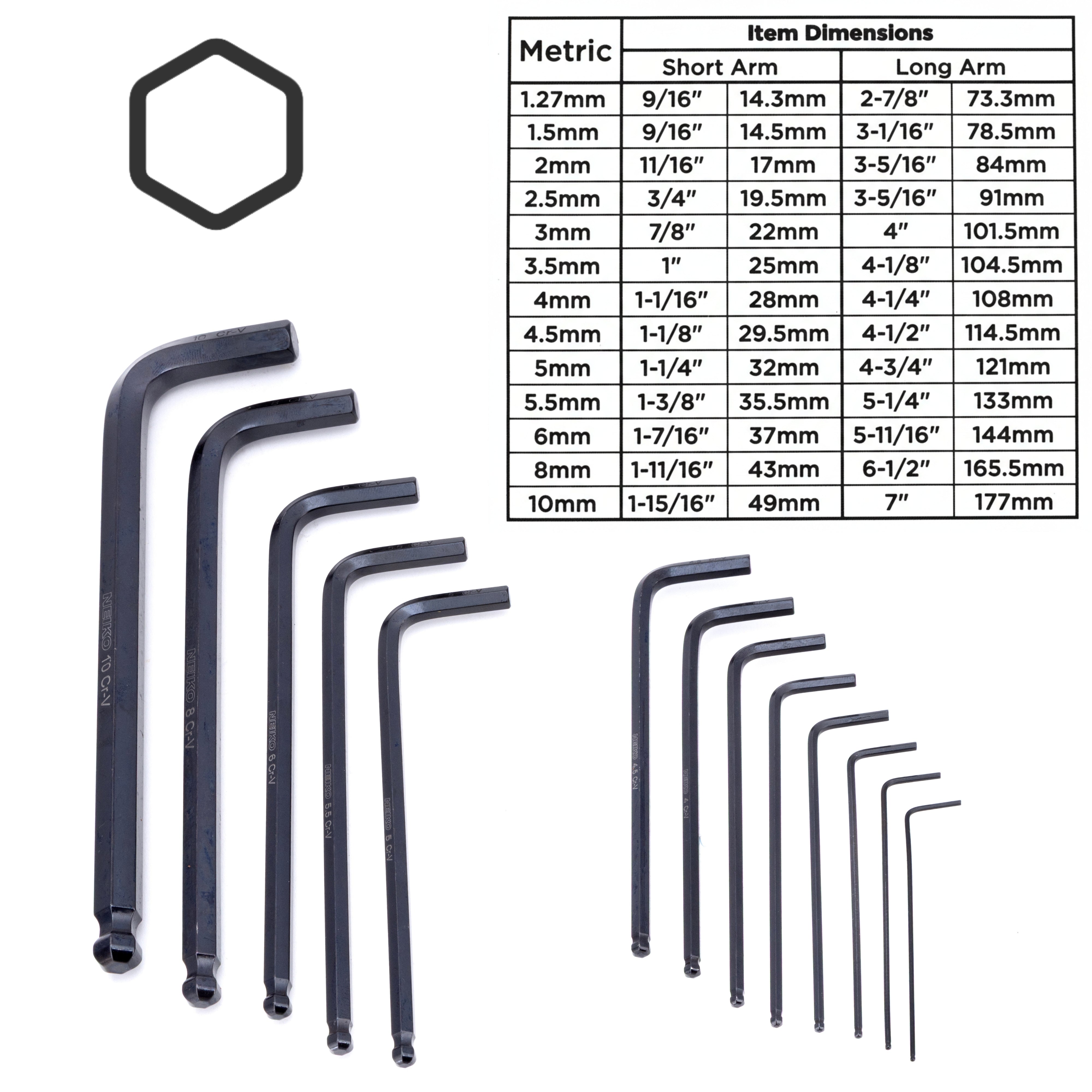 NEIKO 01100A Metric Allen Wrench Set, 13 Piece Ball End Hex Key Set, Long Allen Keys 1.27mm to 10mm Hex Wrench Set for Bike Bicycle Repair, Black Oxide Chrome Vanadium, Hanging Storage Case