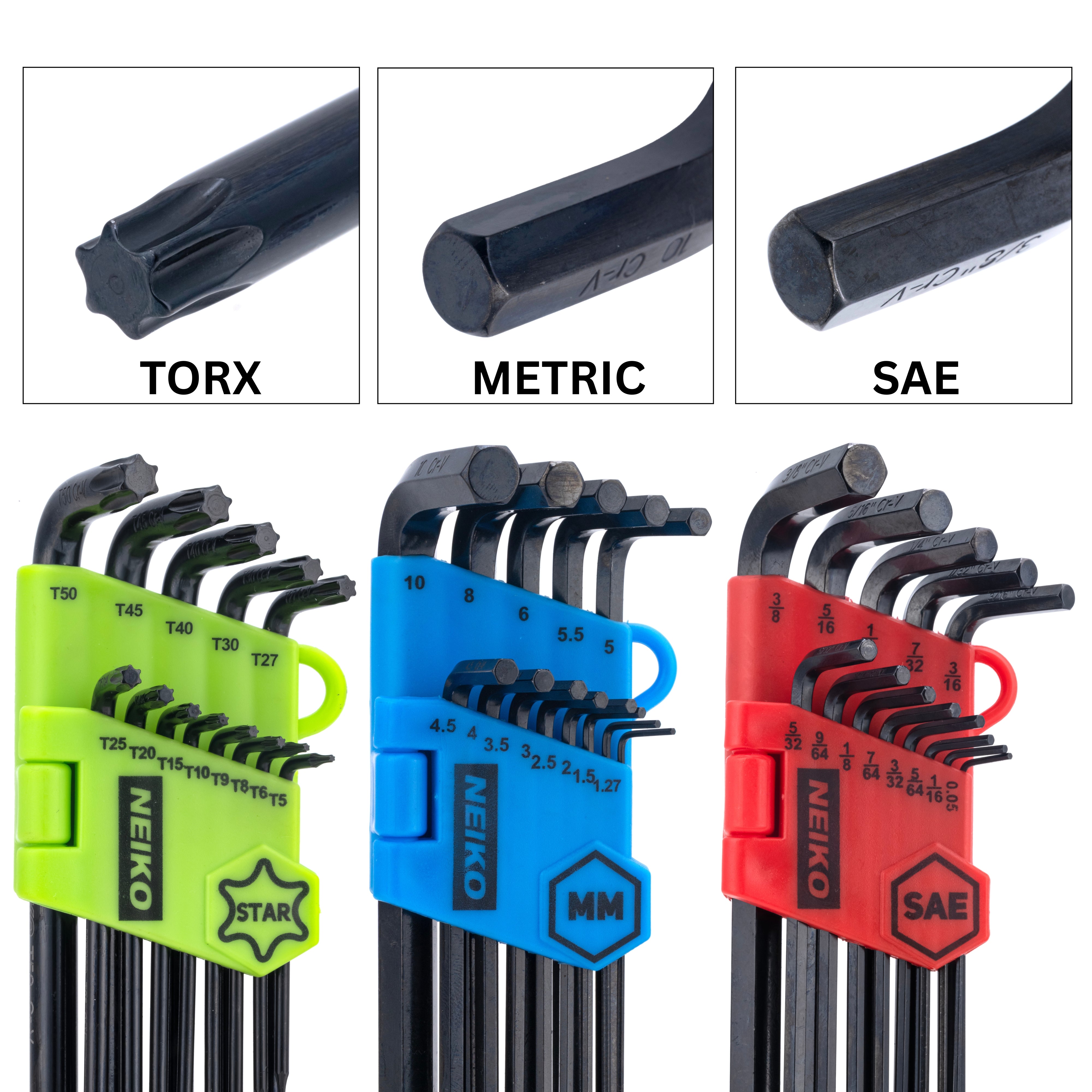 NEIKO 01104A Master Allen Wrench Set, 39 Pc Ball End Hex Key Set, Metric, Standard & Torx, SAE & MM Long Allen Keys 1.27mm to 10mm & 0.05” to 3/8 Inch and T5 to T50, Black Oxide Chrome Vanadium