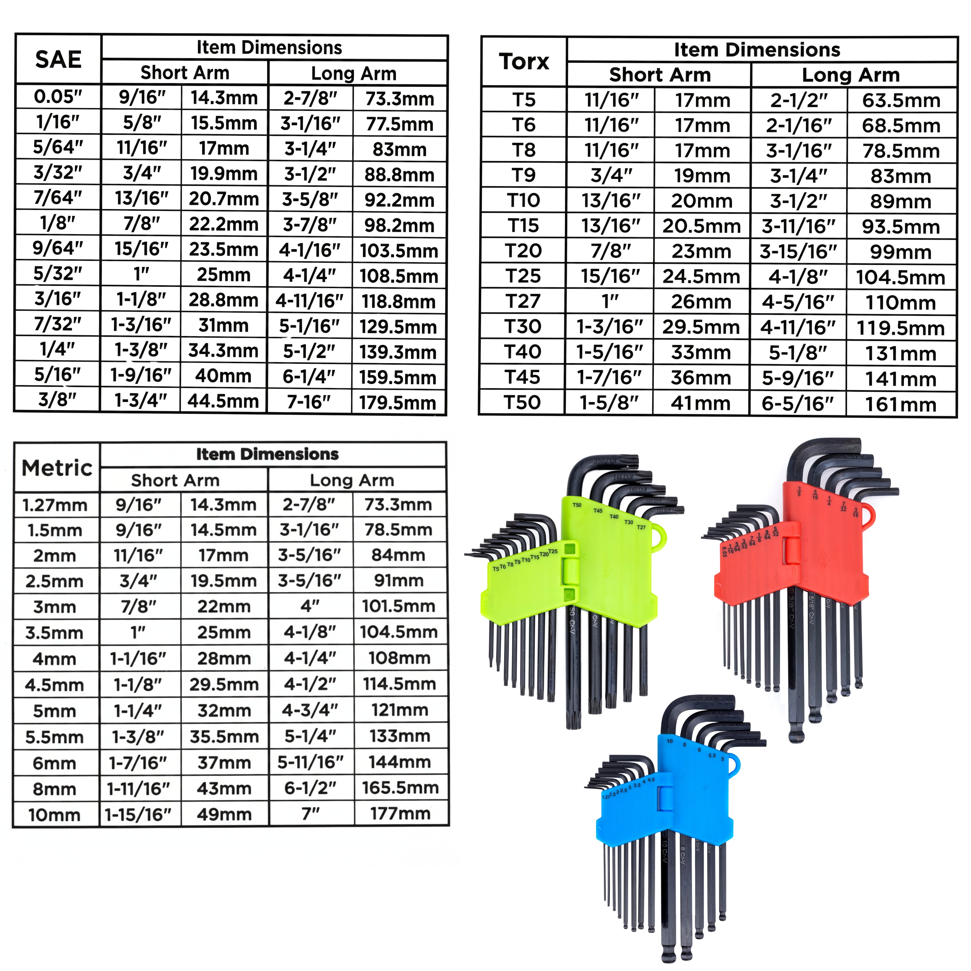 NEIKO 01104A Master Allen Wrench Set, 39 Pc Ball End Hex Key Set, Metric, Standard & Torx, SAE & MM Long Allen Keys 1.27mm to 10mm & 0.05” to 3/8 Inch and T5 to T50, Black Oxide Chrome Vanadium