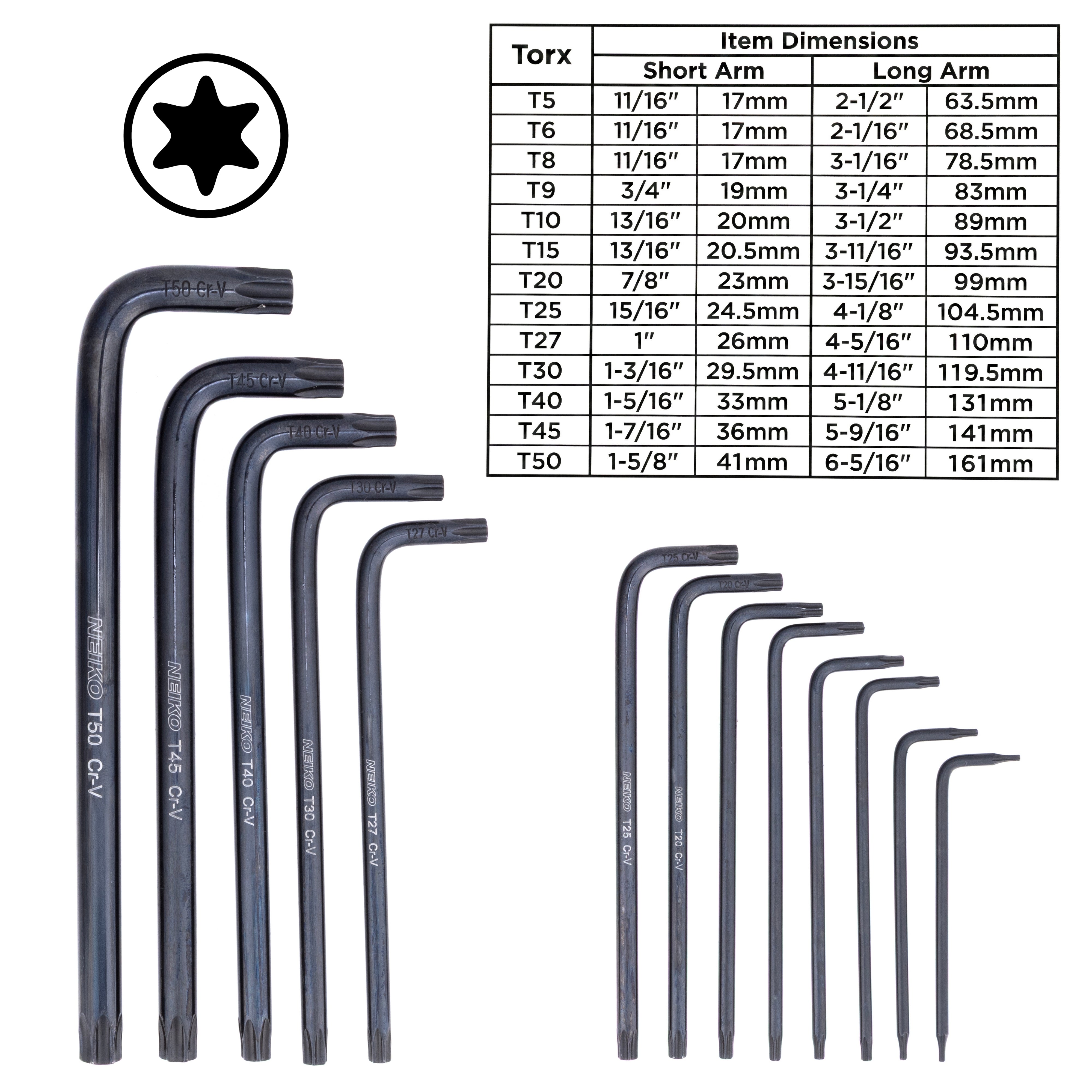 NEIKO 01102A Torx Allen Wrench Set, 13 Piece Key Set, Long Torx Keys T5 to T50, 6 Point Star Wrench Set for Bike Bicycle Repair, Black Oxide Chrome Vanadium, Hanging Storage Case