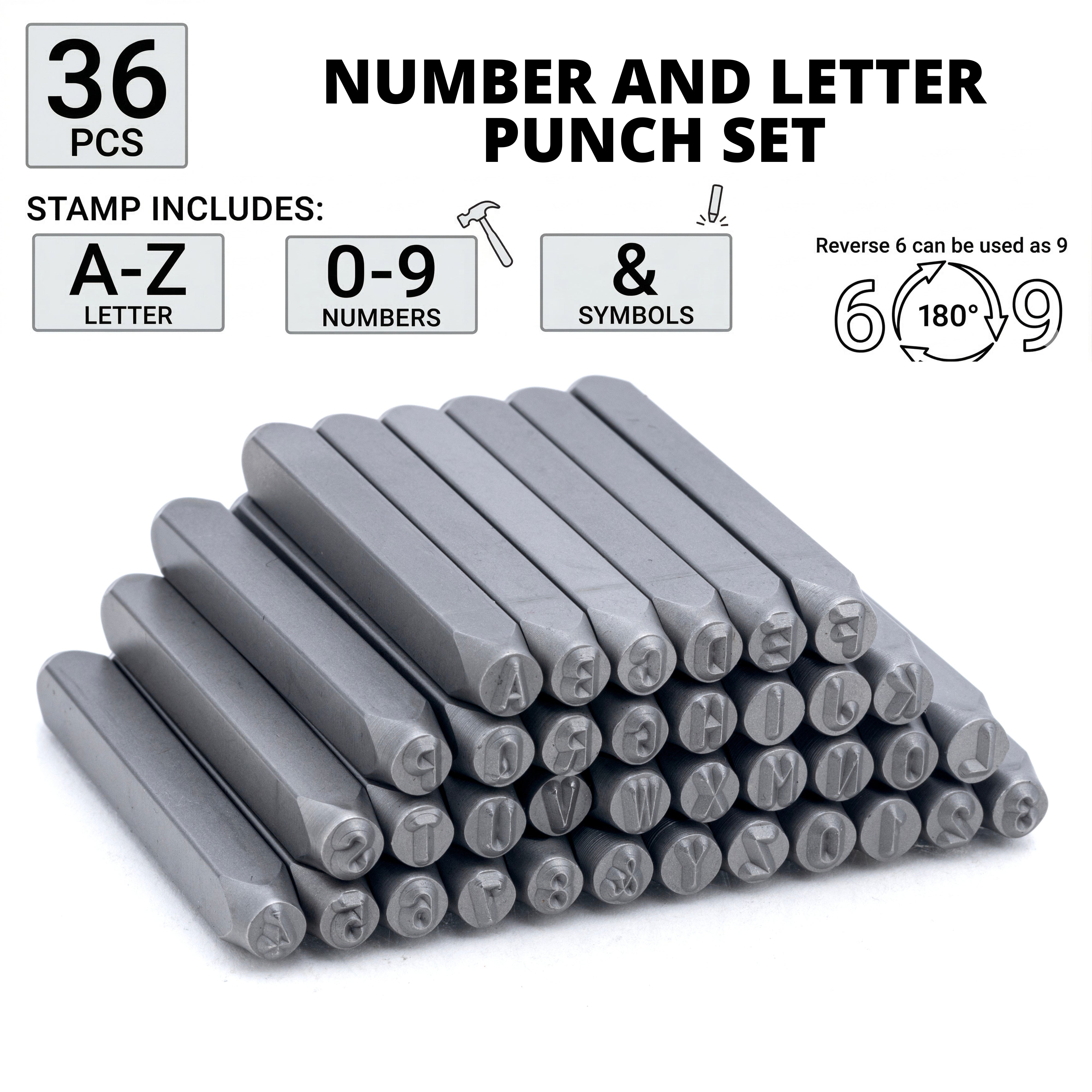 NEIKO 02631A Number and Letter Punch Set with Heat-Treated Steel Punches, Imprinting & Arts and Crafts, 1/8" (3 MM) Shaft, 36 Pc Stamp Set, Uppercase Letter & Number Punch Set (A-Z / 0-8 / "&")