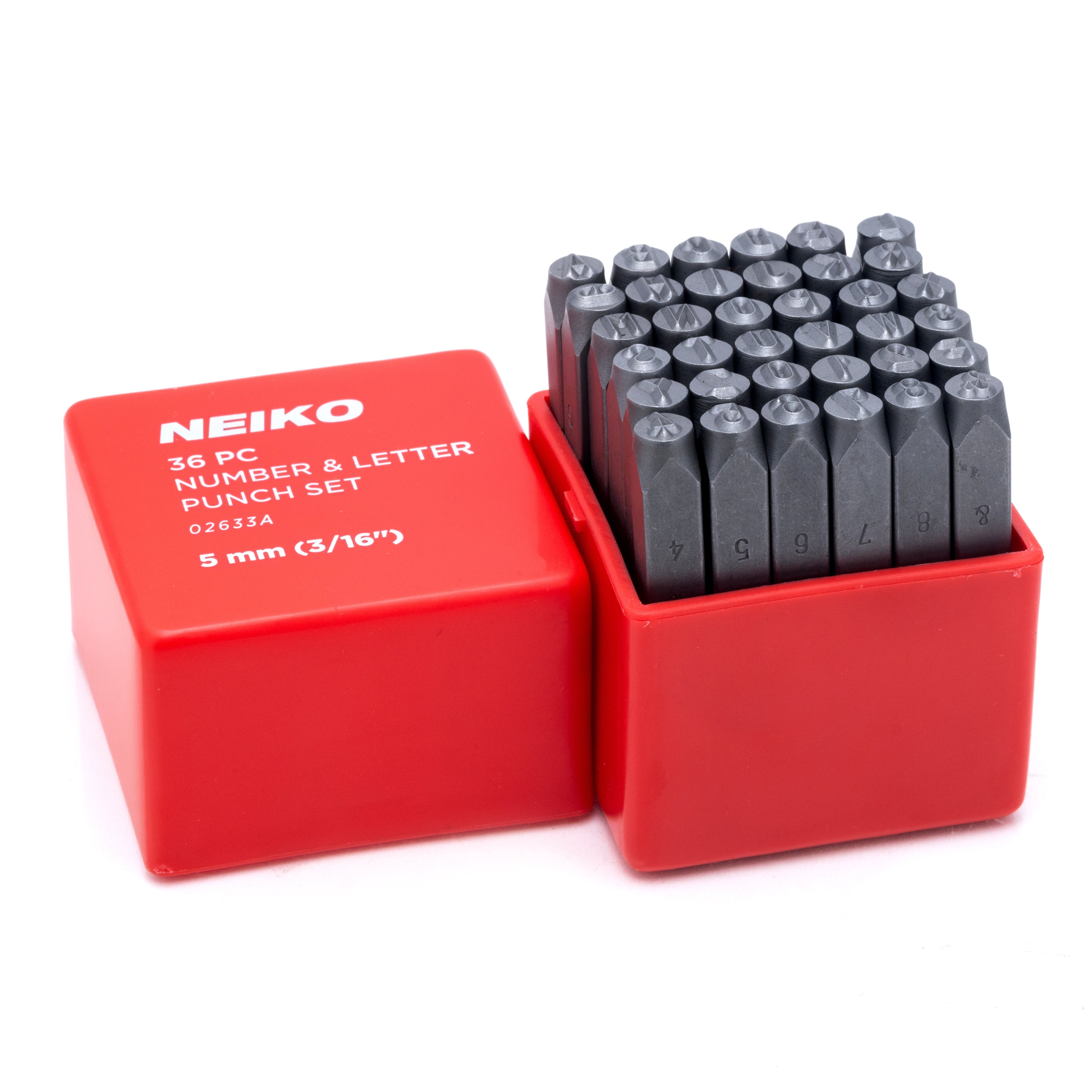NEIKO 02633A Number and Letter Punch Set with Heat-Treated Steel Punches, Imprinting & Arts and Crafts, 3/16" (5 MM) Shaft, 36 Pc Stamp Set, Uppercase Letter & Number Punch Set (A-Z / 0-8 / "&")