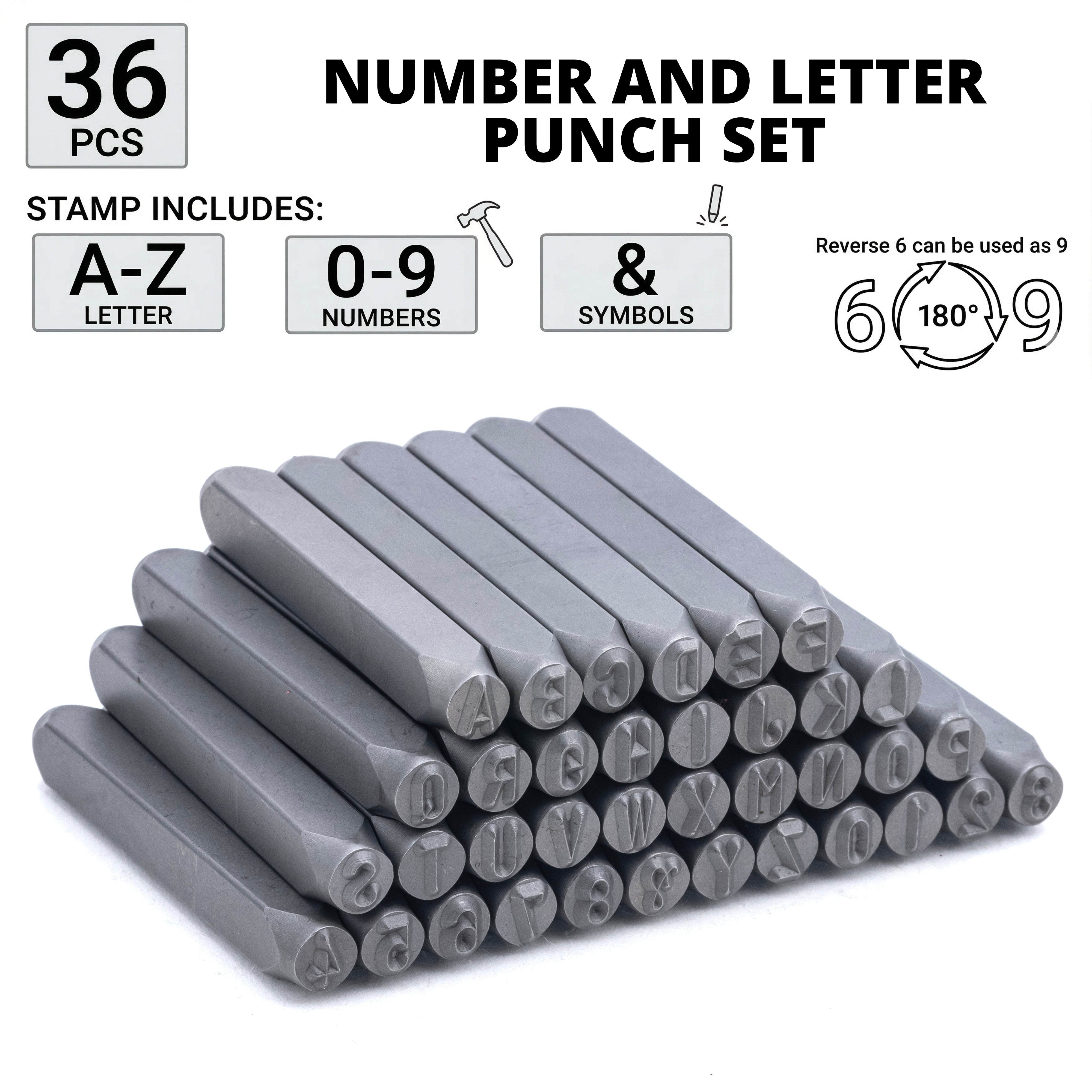 NEIKO 02633A Number and Letter Punch Set with Heat-Treated Steel Punches, Imprinting & Arts and Crafts, 3/16" (5 MM) Shaft, 36 Pc Stamp Set, Uppercase Letter & Number Punch Set (A-Z / 0-8 / "&")