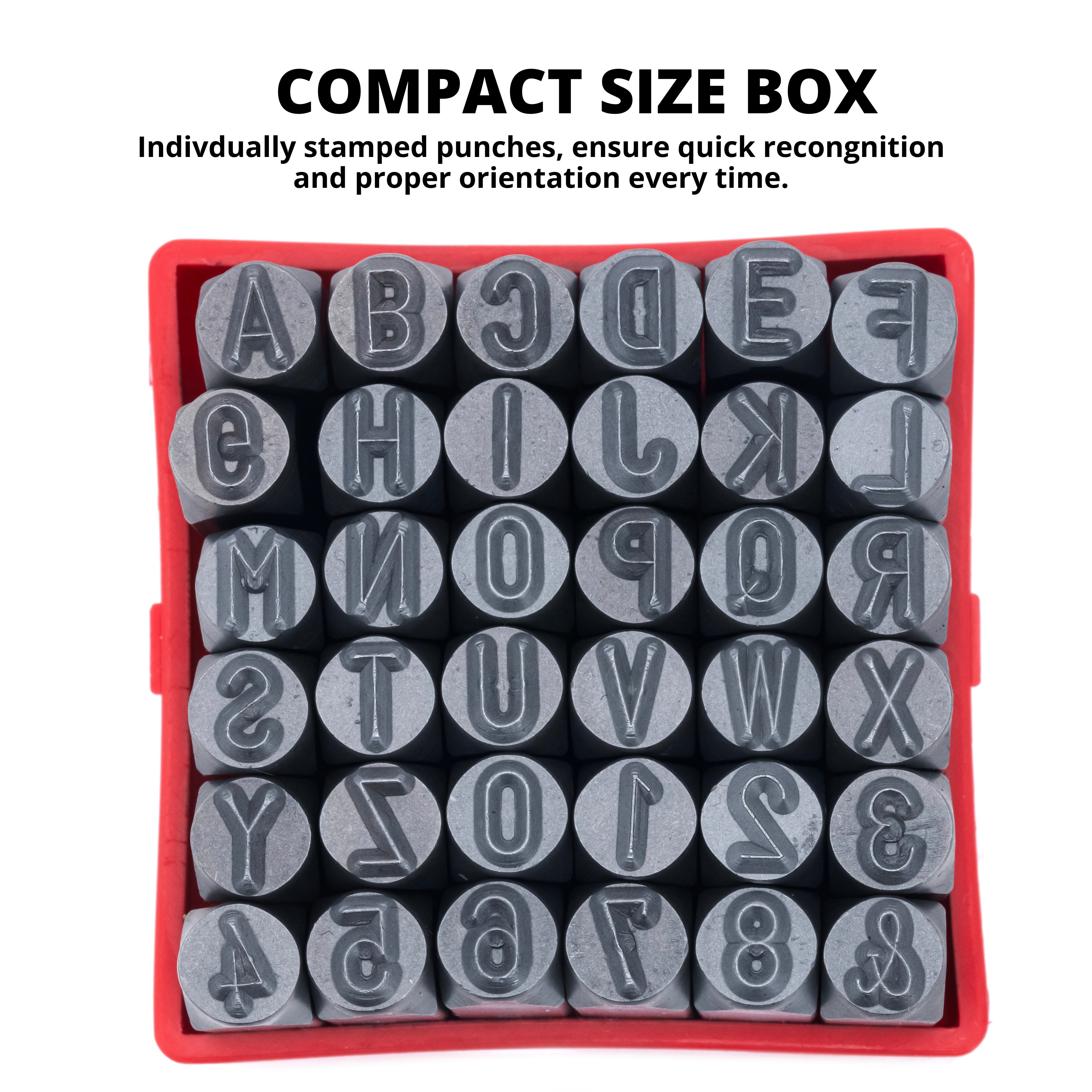 NEIKO 02625A Number and Letter Punch Set with Heat-Treated Steel Punches, Imprinting & Arts and Crafts, 5/16" (8MM) Shaft, 36 Pc Stamp Set, Uppercase Letter & Number Punch Set (A-Z / 0-8 / "&" Symbol)