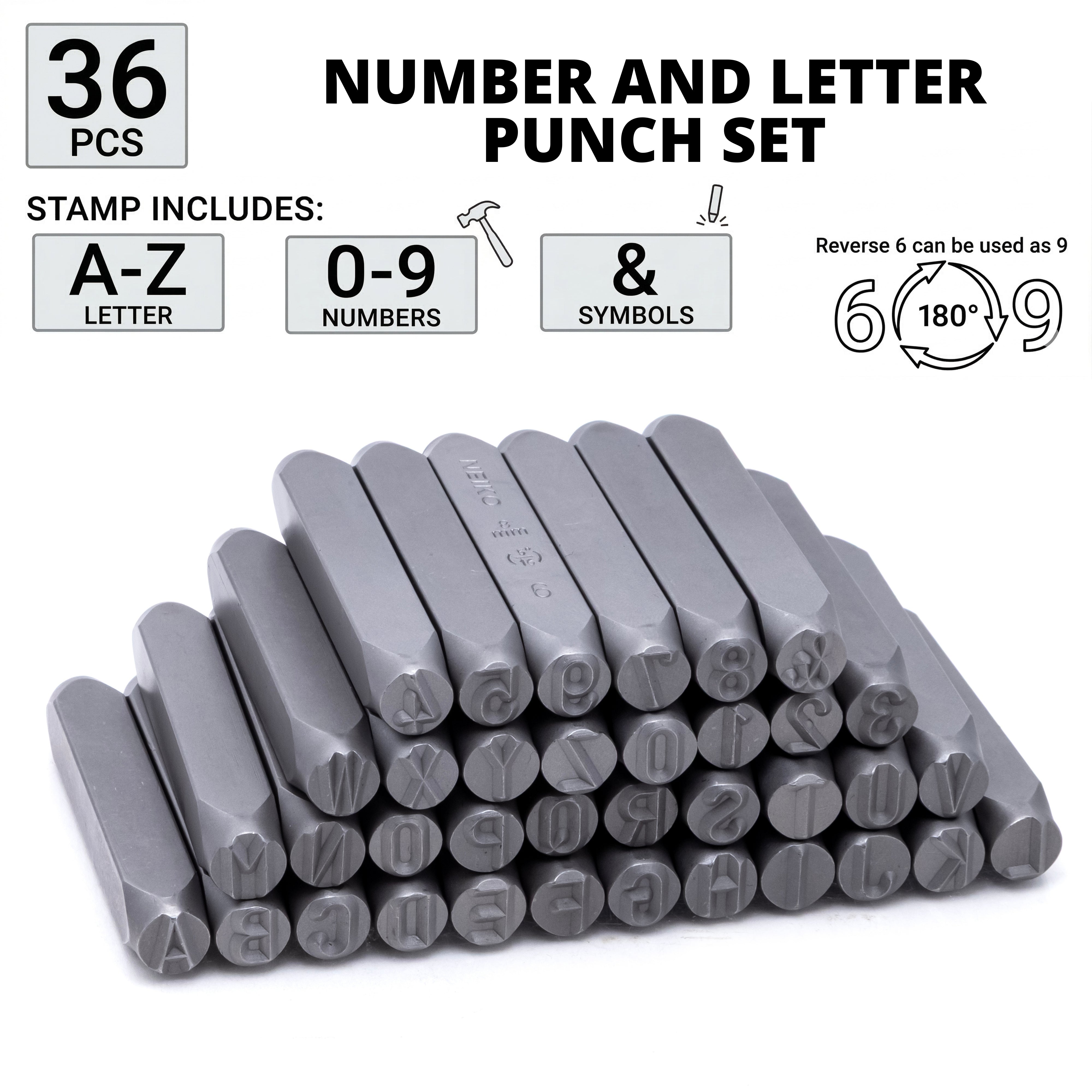 NEIKO 02625A Number and Letter Punch Set with Heat-Treated Steel Punches, Imprinting & Arts and Crafts, 5/16" (8MM) Shaft, 36 Pc Stamp Set, Uppercase Letter & Number Punch Set (A-Z / 0-8 / "&" Symbol)