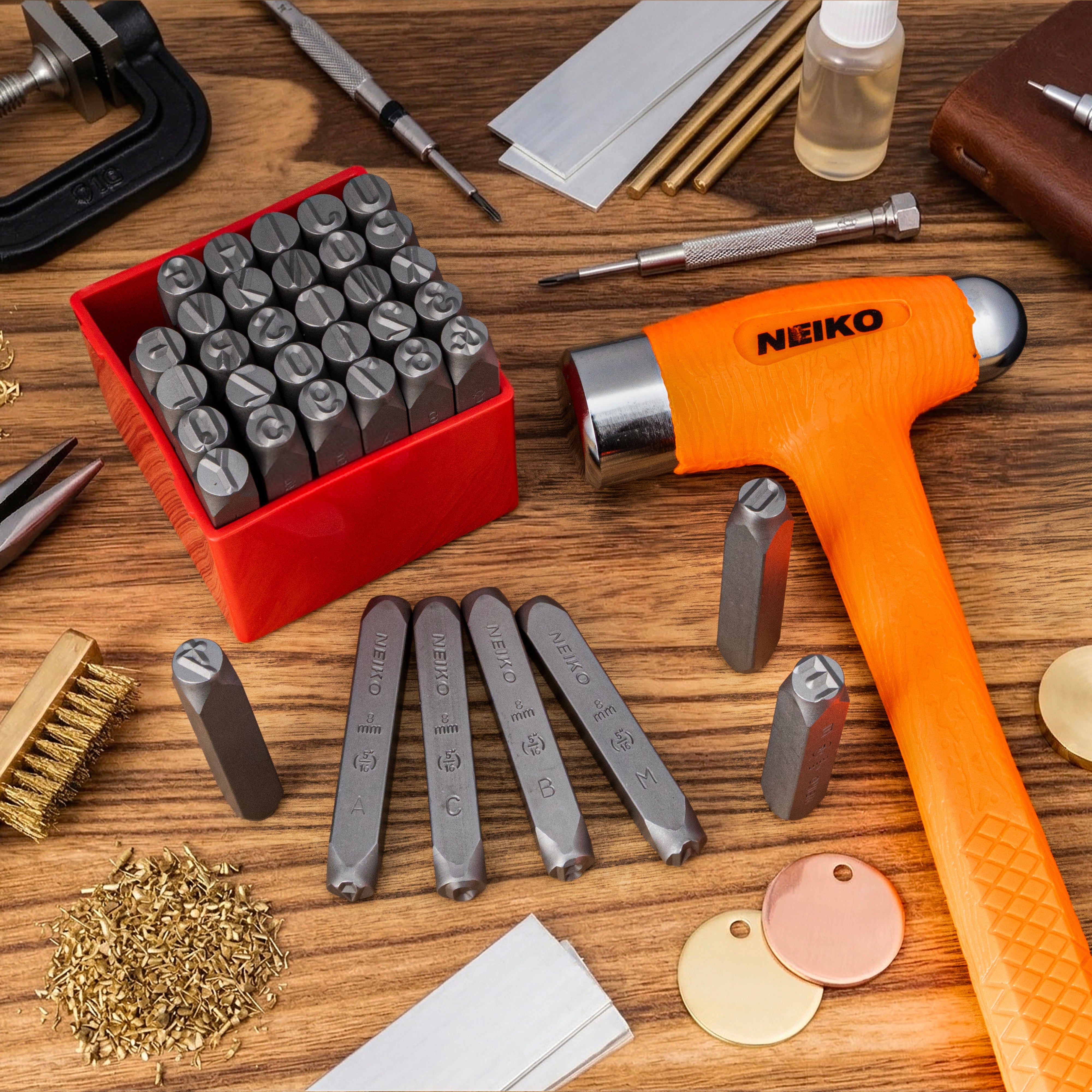 NEIKO 02625A Number and Letter Punch Set with Heat-Treated Steel Punches, Imprinting & Arts and Crafts, 5/16" (8MM) Shaft, 36 Pc Stamp Set, Uppercase Letter & Number Punch Set (A-Z / 0-8 / "&" Symbol)