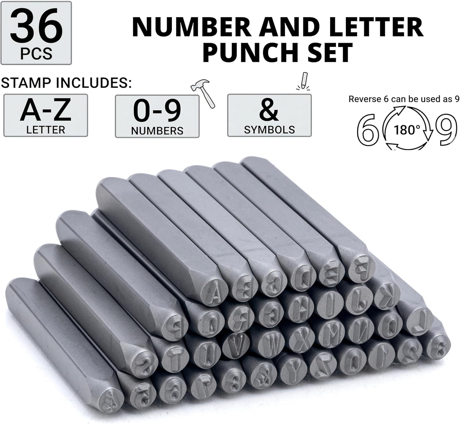 NEIKO 02630A Number and Letter Punch Set with Heat-Treated Steel Punches, Imprinting & Arts and Crafts, 3/32" (2.5MM) Shaft, 36 Pc Stamp Set, Uppercase Letter & Number Punch Set (A-Z / 0-8 / "&")