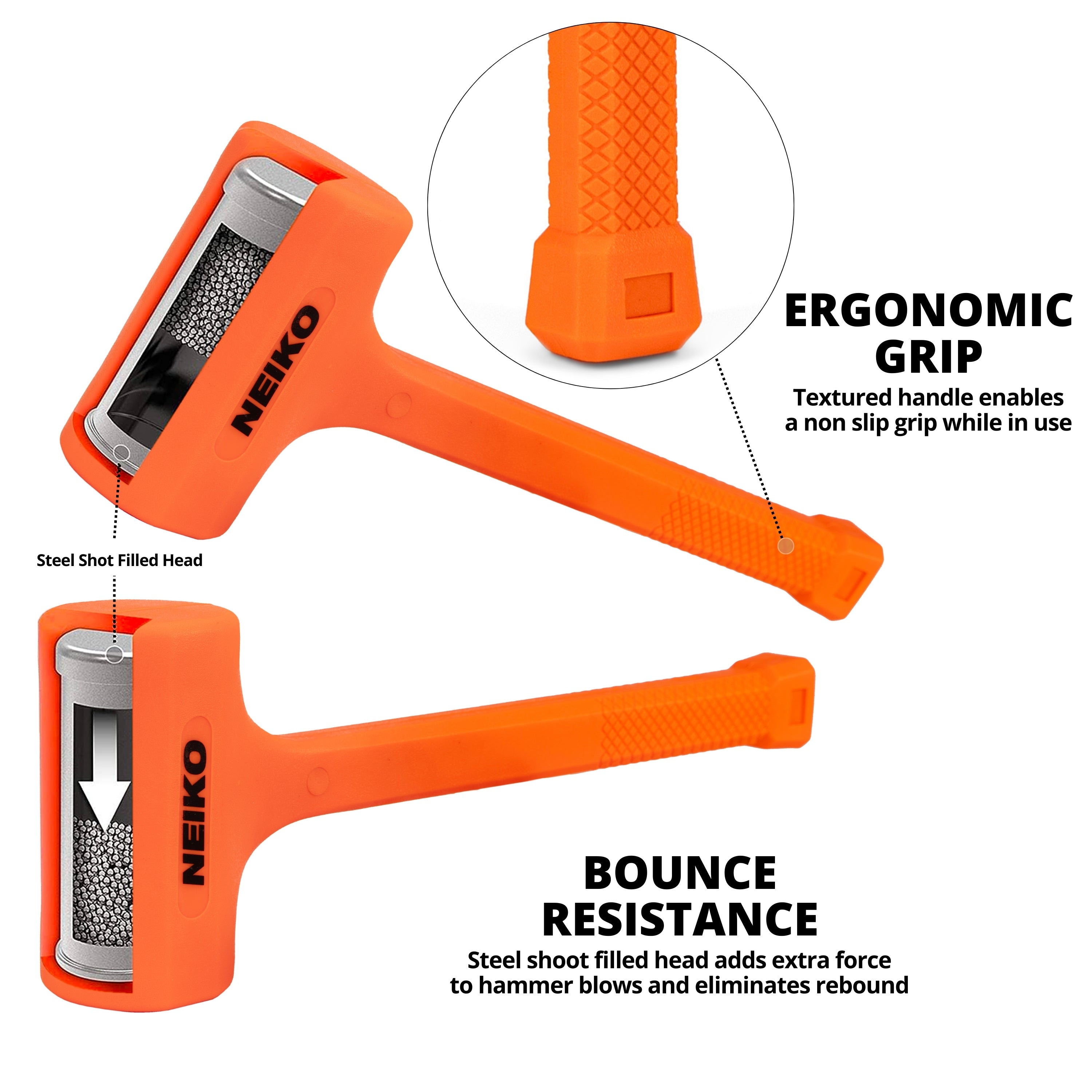 NEIKO 02851A Dead Blow Hammer, 5 Pounds, Neon Orange Deadblow Hammers, Mallet, Spark and Rebound Resistant, Unibody Molded, Soft Blow Rubber, Checkered Grip, Steel Shot and Core
