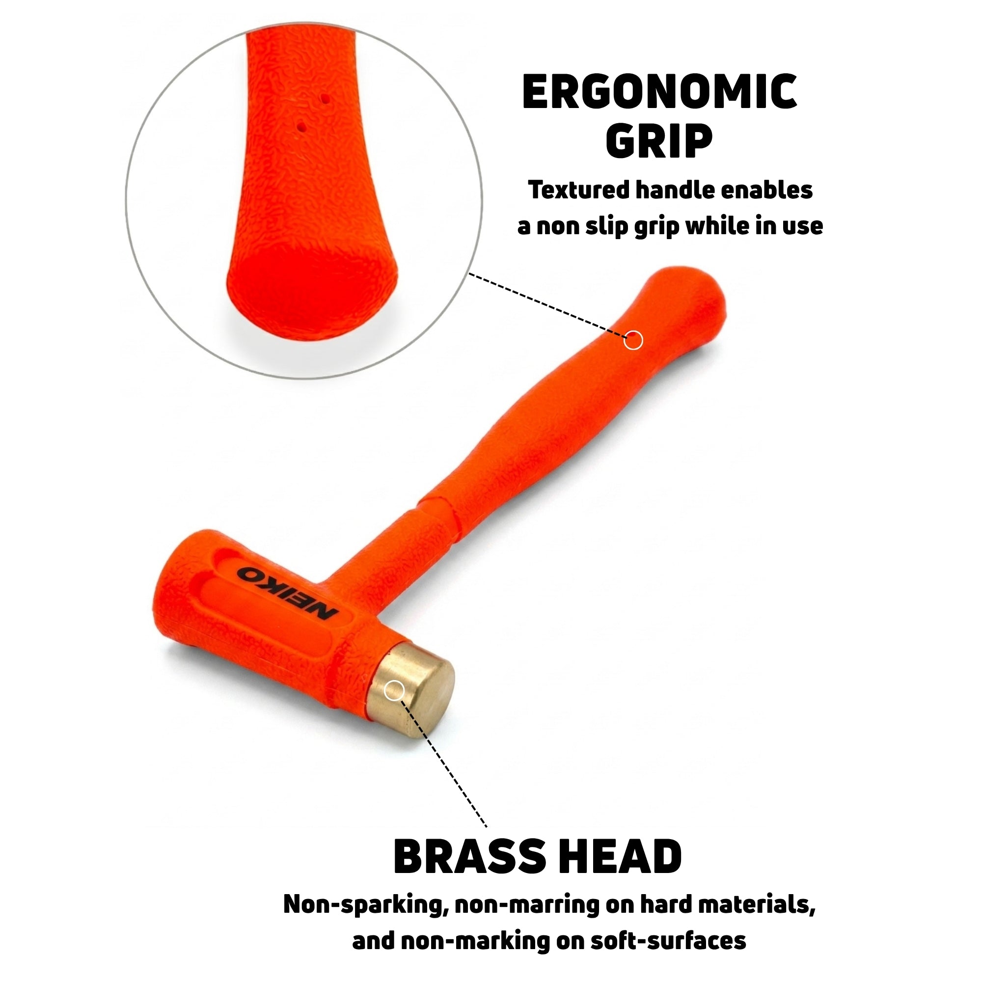 NEIKO 02871A Dead Blow Hammer With Brass Cap, 1.5 Pounds, Neon Orange Deadblow Hammers, Mallet, Spark and Rebound Resistant, Unibody Molded, Soft Blow Rubber, Non Slip Grip, Steel Shot and Core