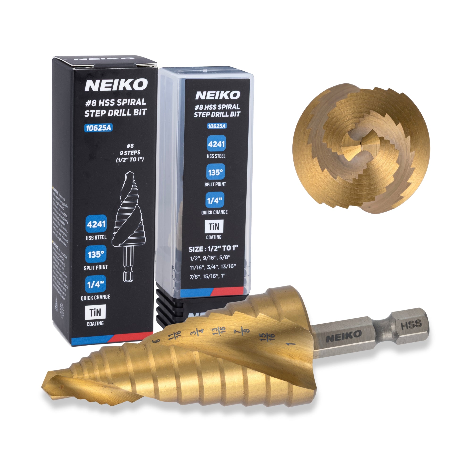 NEIKO 10625A Step Drill Bit, 9 Steps 1/2" to 1" Spiral High Speed Steel, Titanium Nitride Coated, 1/4" Quick Change Step Bits for Steel, Metal, Wood, Plastic, Unibit Cone Drill Bits, Two Flute
