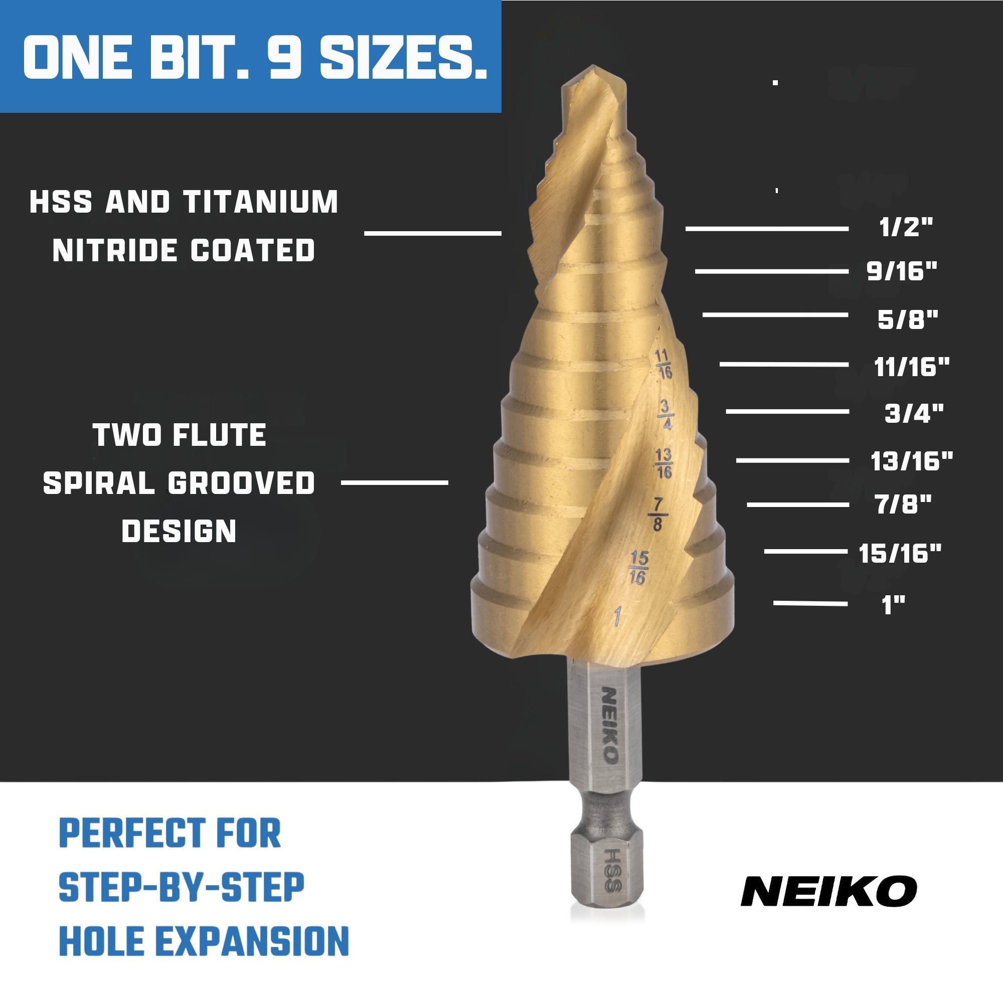 NEIKO 10625A Step Drill Bit, 9 Steps 1/2" to 1" Spiral High Speed Steel, Titanium Nitride Coated, 1/4" Quick Change Step Bits for Steel, Metal, Wood, Plastic, Unibit Cone Drill Bits, Two Flute