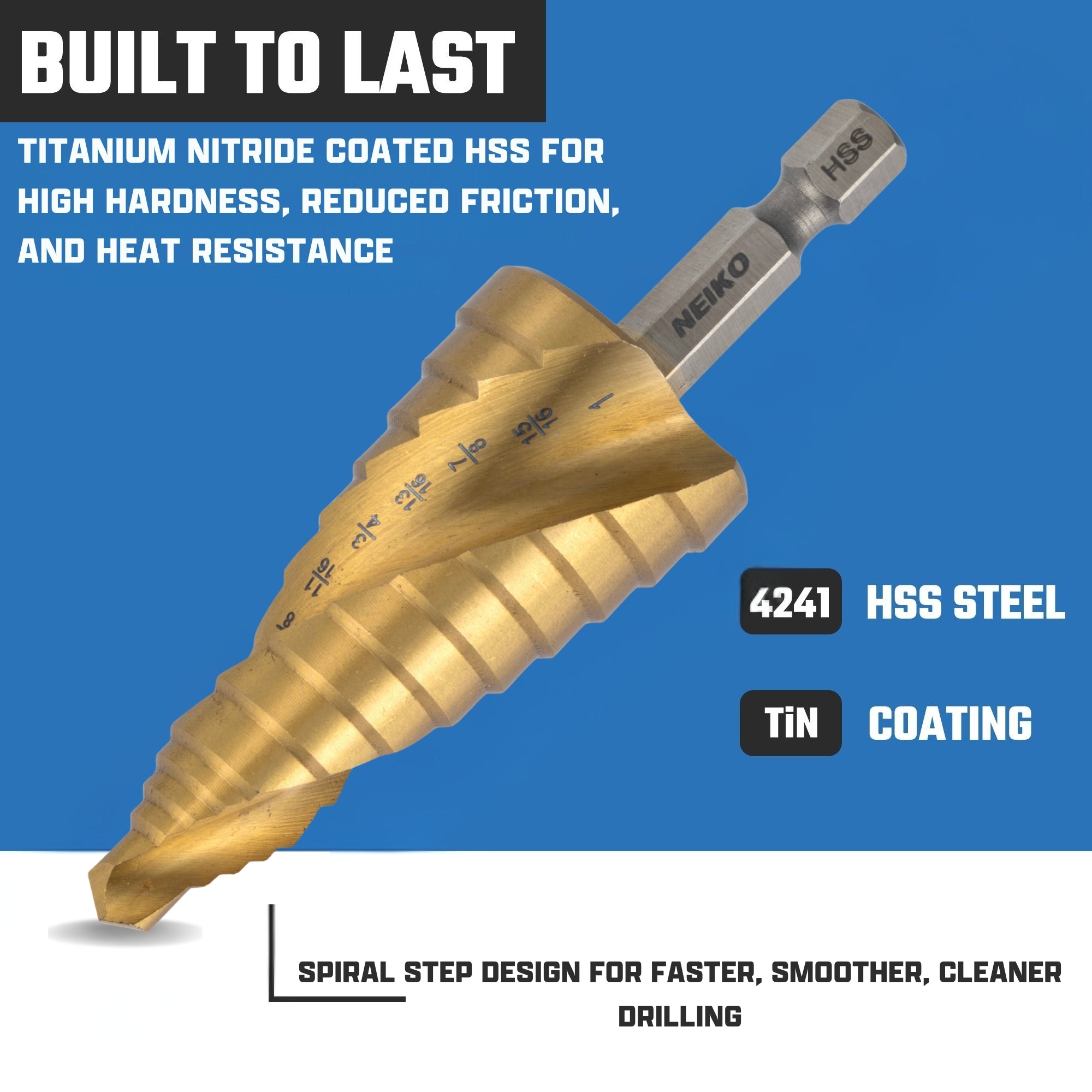 NEIKO 10625A Step Drill Bit, 9 Steps 1/2" to 1" Spiral High Speed Steel, Titanium Nitride Coated, 1/4" Quick Change Step Bits for Steel, Metal, Wood, Plastic, Unibit Cone Drill Bits, Two Flute