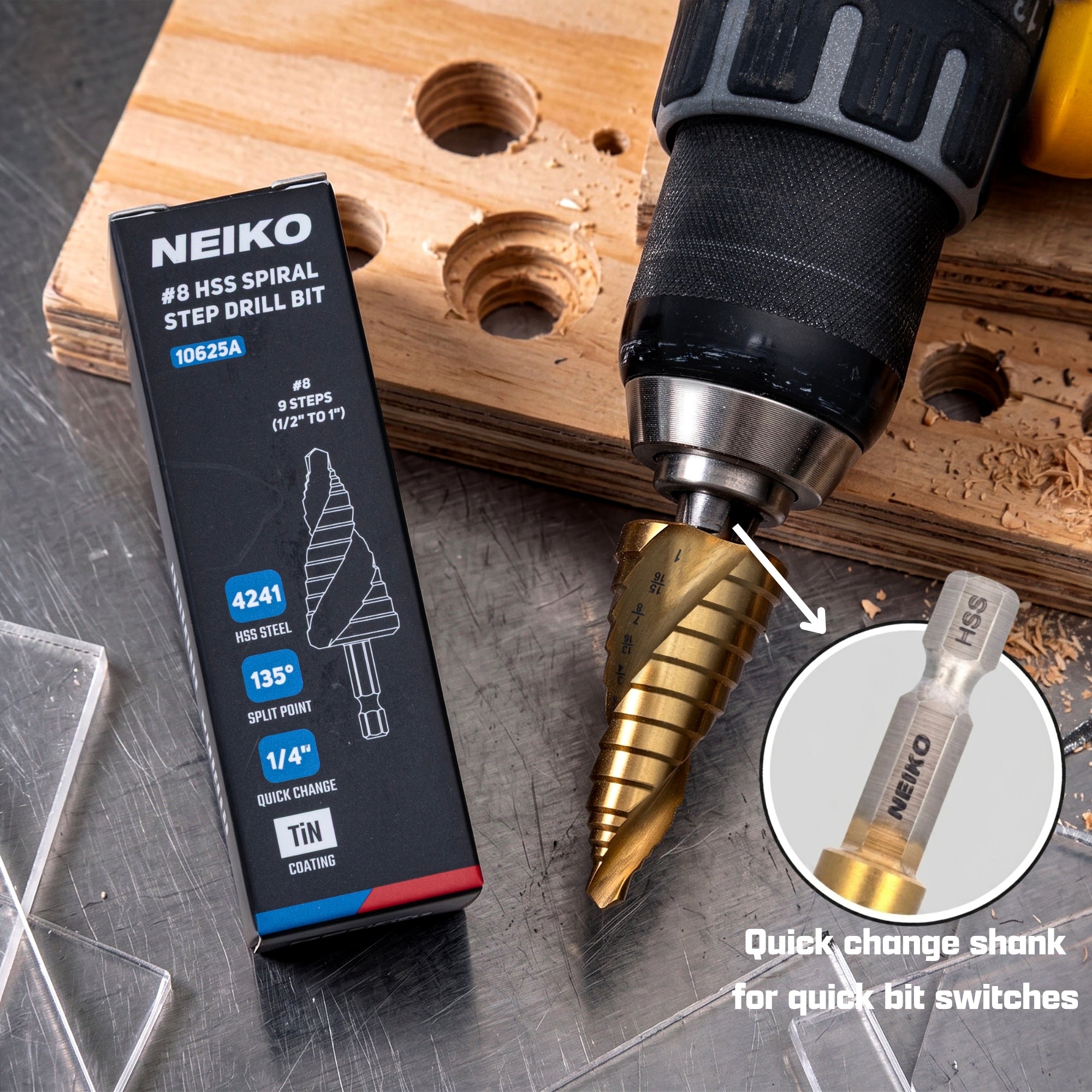 NEIKO 10625A Step Drill Bit, 9 Steps 1/2" to 1" Spiral High Speed Steel, Titanium Nitride Coated, 1/4" Quick Change Step Bits for Steel, Metal, Wood, Plastic, Unibit Cone Drill Bits, Two Flute