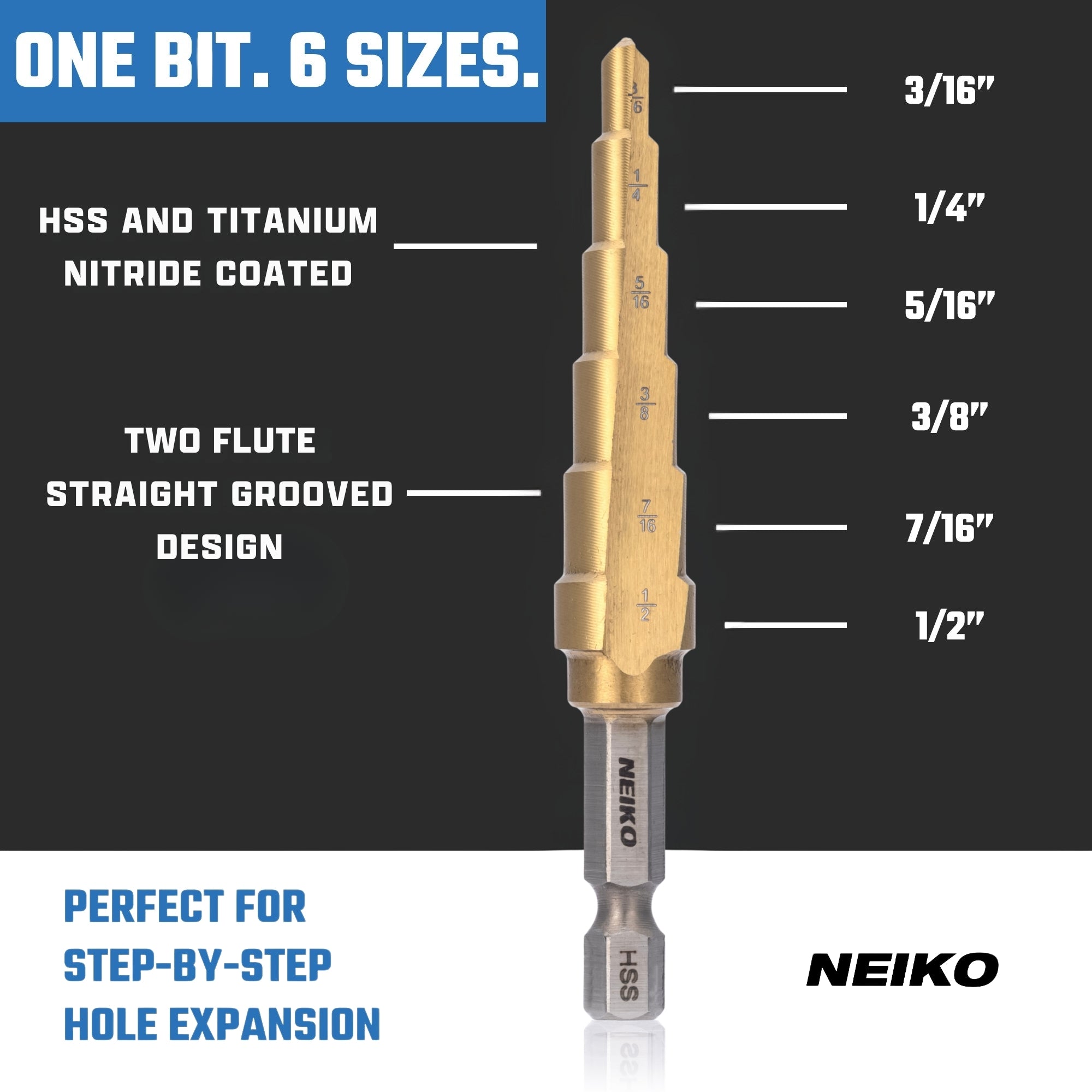 NEIKO 10604A Step Drill Bit, 6 Steps 3/16" to 1/2" Straight High Speed Steel, Titanium Nitride Coated, 1/4" Quick Change Step Bits for Steel, Metal, Wood, Plastic, Unibit Cone Drill Bits, Two Flute