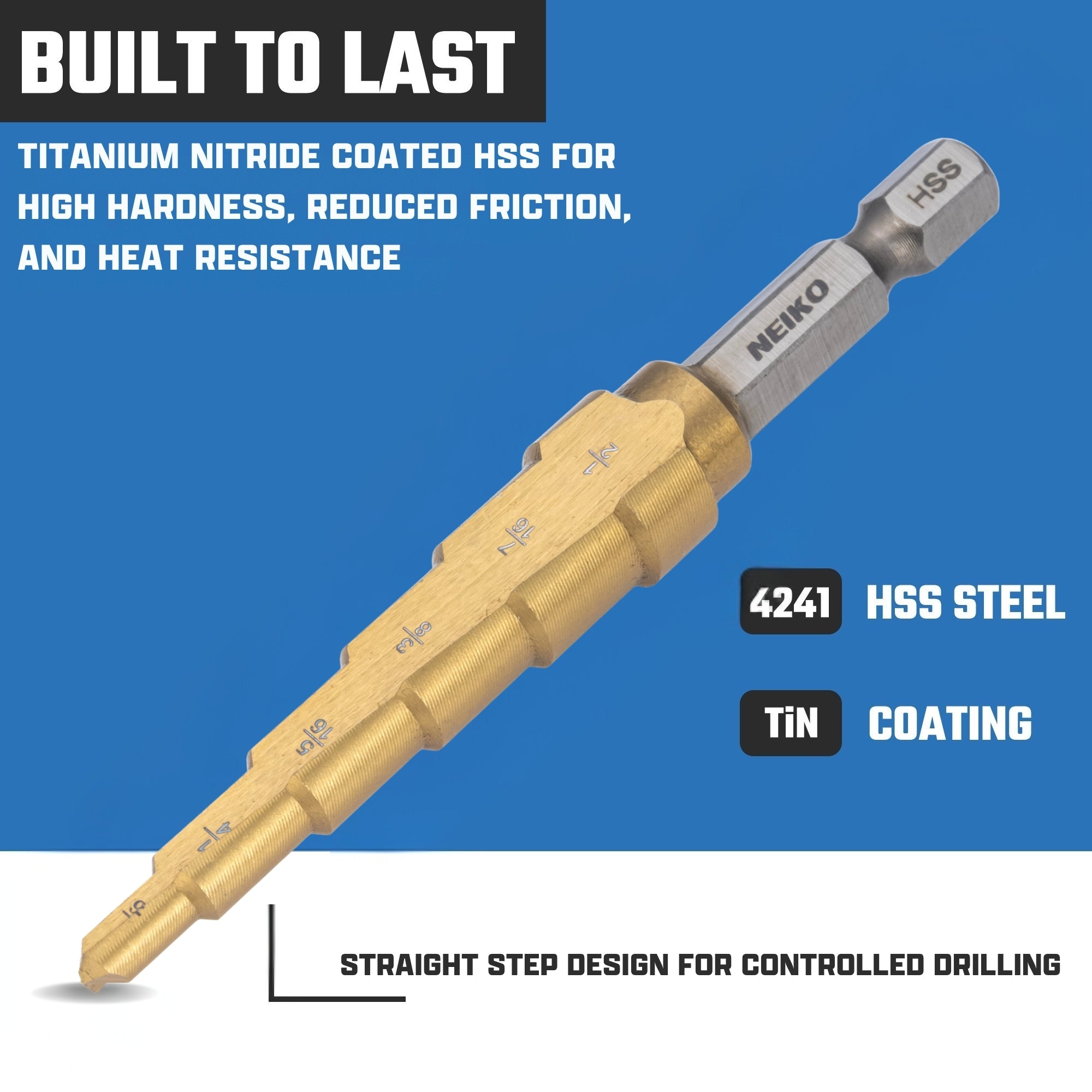 NEIKO 10604A Step Drill Bit, 6 Steps 3/16" to 1/2" Straight High Speed Steel, Titanium Nitride Coated, 1/4" Quick Change Step Bits for Steel, Metal, Wood, Plastic, Unibit Cone Drill Bits, Two Flute