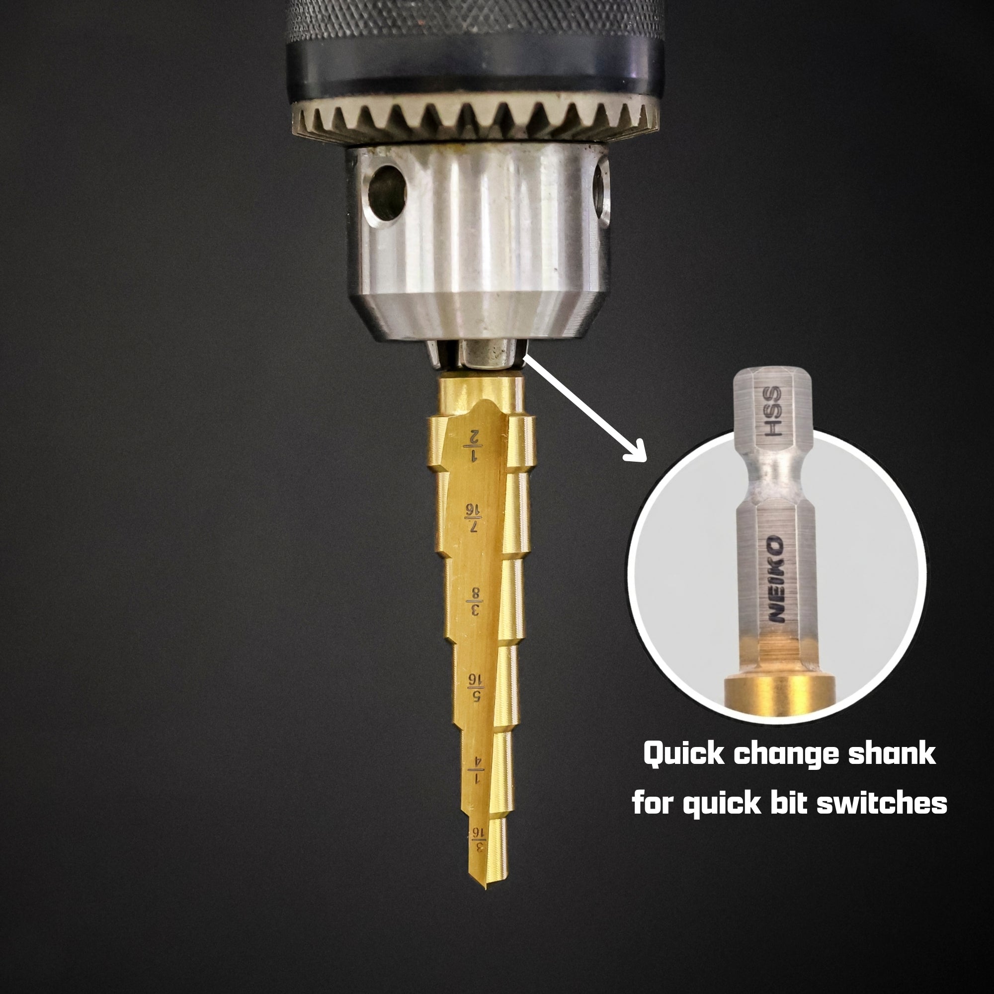 NEIKO 10604A Step Drill Bit, 6 Steps 3/16" to 1/2" Straight High Speed Steel, Titanium Nitride Coated, 1/4" Quick Change Step Bits for Steel, Metal, Wood, Plastic, Unibit Cone Drill Bits, Two Flute