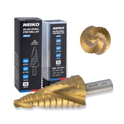 NEIKO 10623A Step Drill Bit, 9 Steps 1/2" to 1" Spiral High Speed Steel, Titanium Nitride Coated, 3/8" Tri Flat Step Bits for Steel, Metal, Wood, Plastic, Unibit Cone Drill Bits, Two Flute