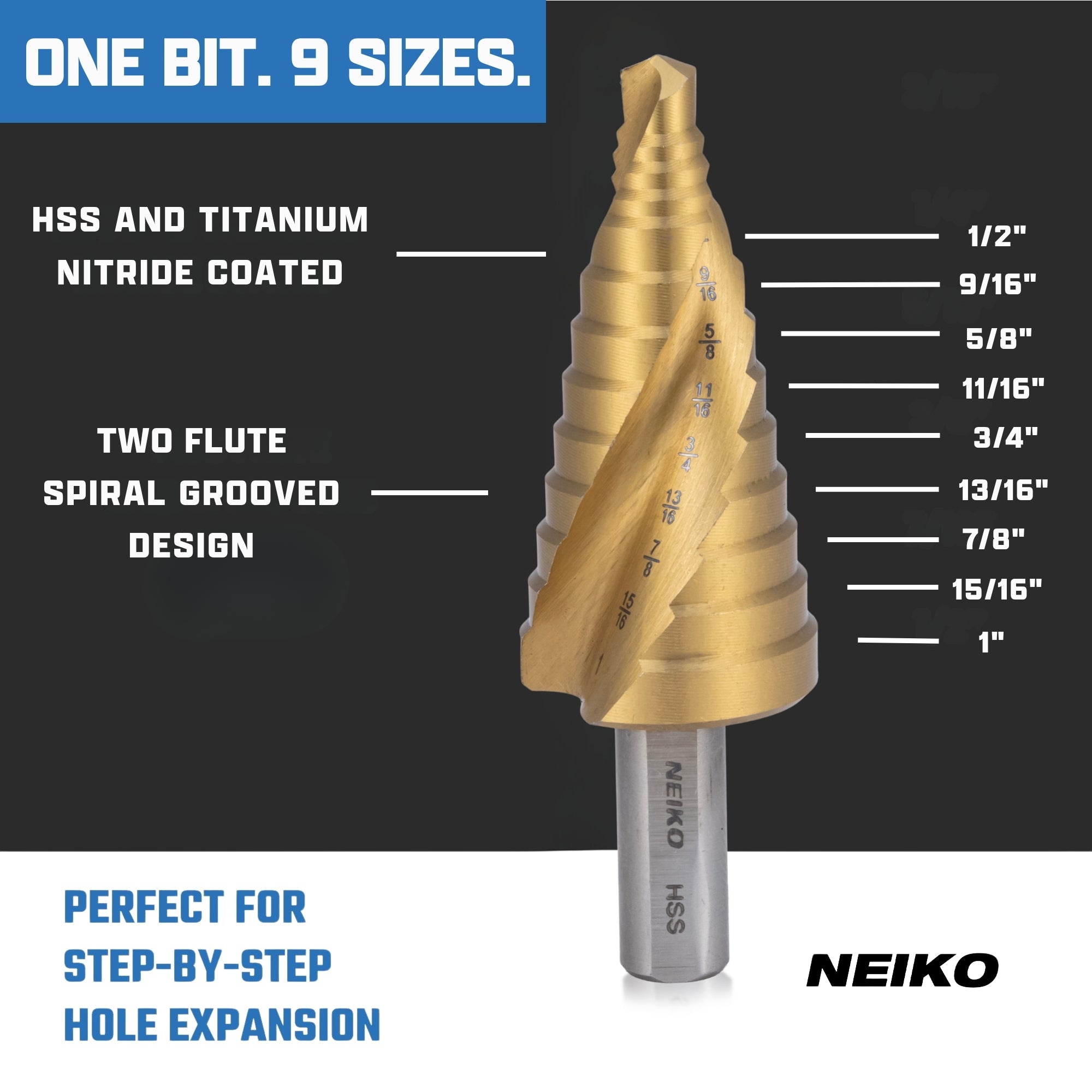 NEIKO 10623A Step Drill Bit, 9 Steps 1/2" to 1" Spiral High Speed Steel, Titanium Nitride Coated, 3/8" Tri Flat Step Bits for Steel, Metal, Wood, Plastic, Unibit Cone Drill Bits, Two Flute