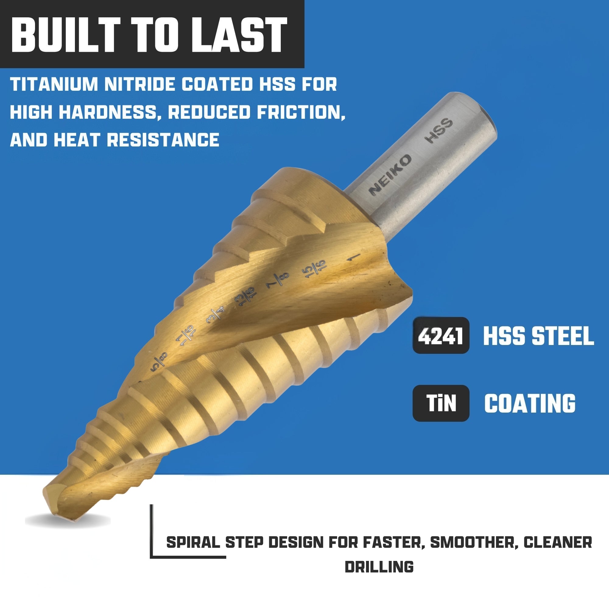 NEIKO 10623A Step Drill Bit, 9 Steps 1/2" to 1" Spiral High Speed Steel, Titanium Nitride Coated, 3/8" Tri Flat Step Bits for Steel, Metal, Wood, Plastic, Unibit Cone Drill Bits, Two Flute