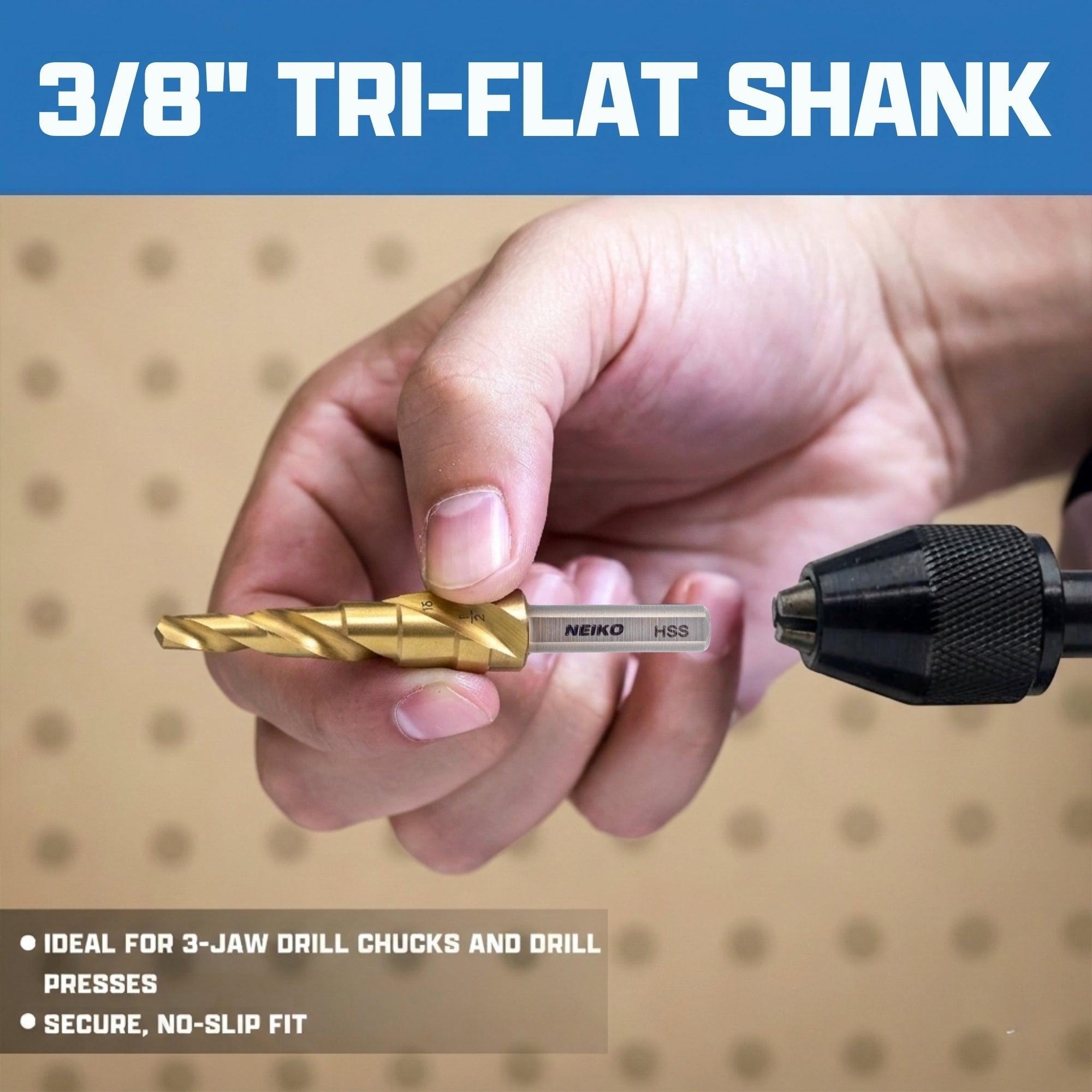 NEIKO 10623A Step Drill Bit, 9 Steps 1/2" to 1" Spiral High Speed Steel, Titanium Nitride Coated, 3/8" Tri Flat Step Bits for Steel, Metal, Wood, Plastic, Unibit Cone Drill Bits, Two Flute