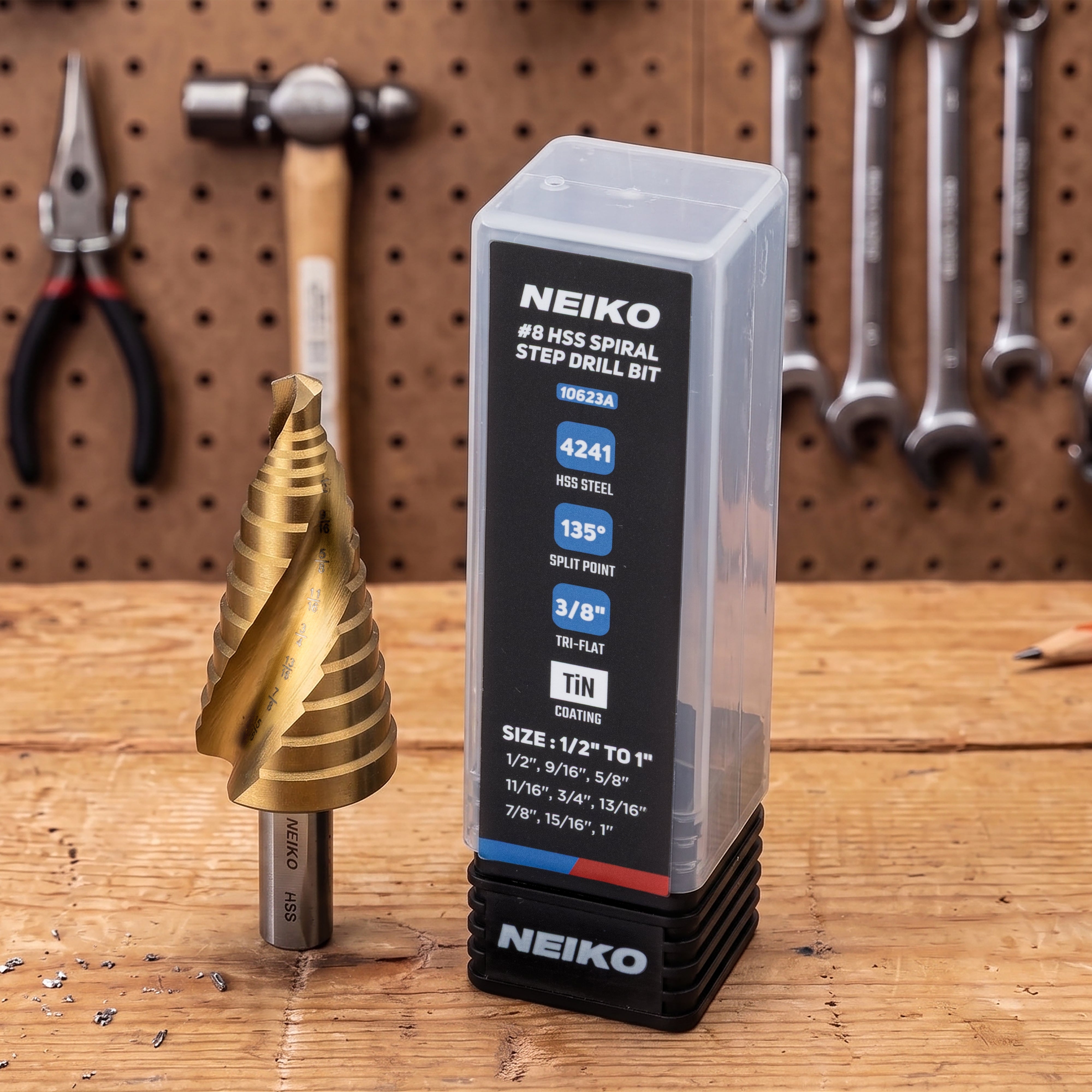 NEIKO 10623A Step Drill Bit, 9 Steps 1/2" to 1" Spiral High Speed Steel, Titanium Nitride Coated, 3/8" Tri Flat Step Bits for Steel, Metal, Wood, Plastic, Unibit Cone Drill Bits, Two Flute