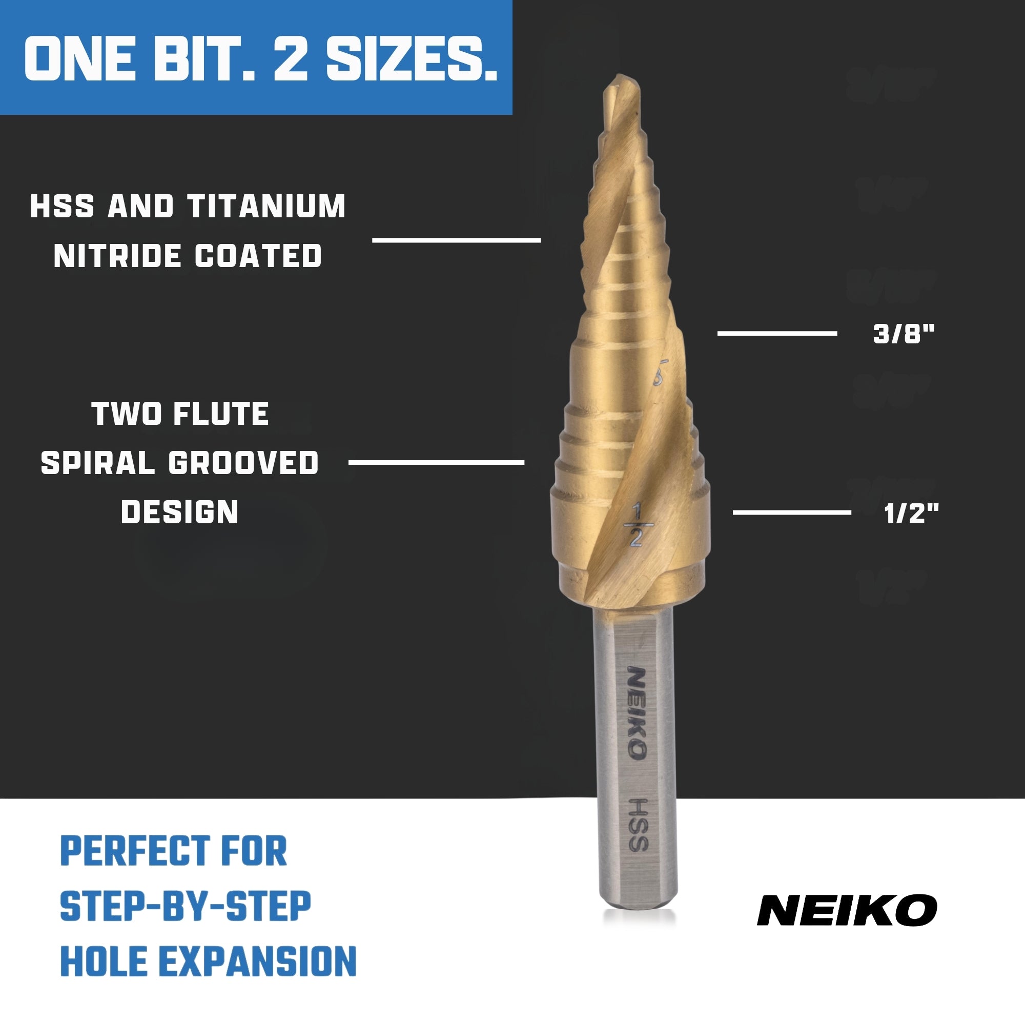 NEIKO 10615A Step Drill Bit, 2 Steps 3/8" to 1/2" Spiral High Speed Steel, Titanium Nitride Coated, 1/4" Tri Flat Step Bits for Steel, Metal, Wood, Plastic, Unibit Cone Drill Bits, Two Flute