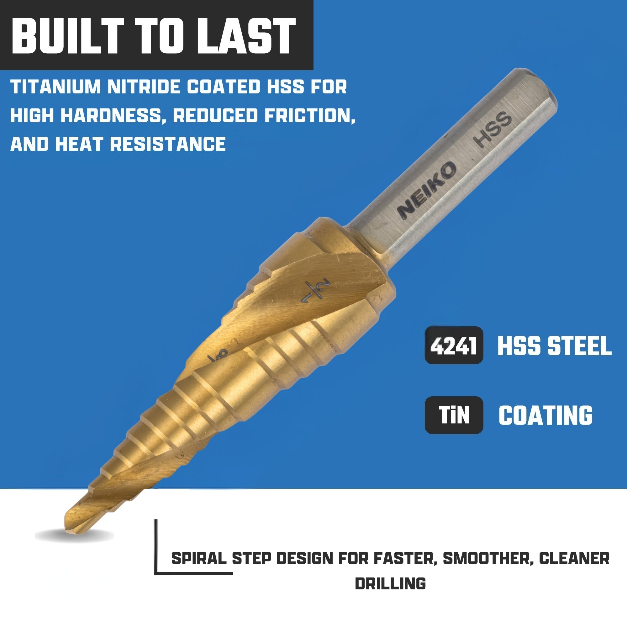 NEIKO 10615A Step Drill Bit, 2 Steps 3/8" to 1/2" Spiral High Speed Steel, Titanium Nitride Coated, 1/4" Tri Flat Step Bits for Steel, Metal, Wood, Plastic, Unibit Cone Drill Bits, Two Flute