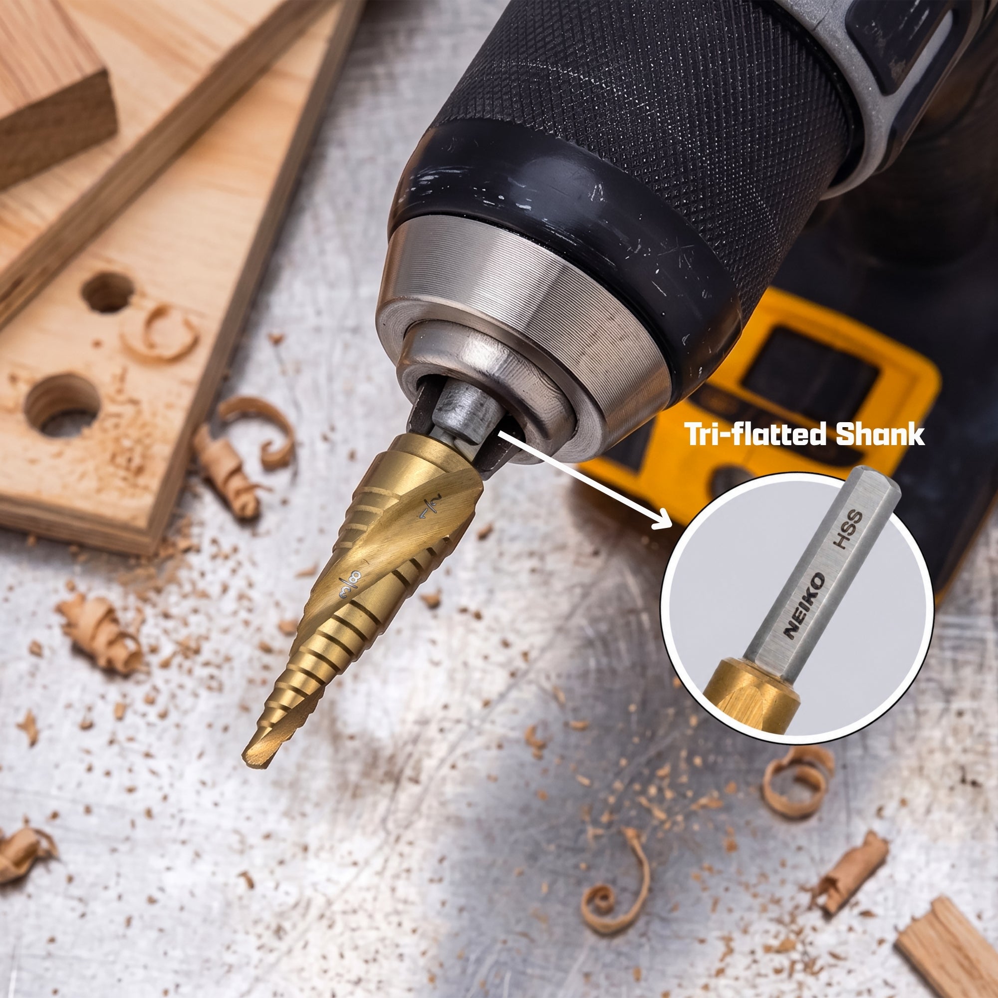 NEIKO 10615A Step Drill Bit, 2 Steps 3/8" to 1/2" Spiral High Speed Steel, Titanium Nitride Coated, 1/4" Tri Flat Step Bits for Steel, Metal, Wood, Plastic, Unibit Cone Drill Bits, Two Flute