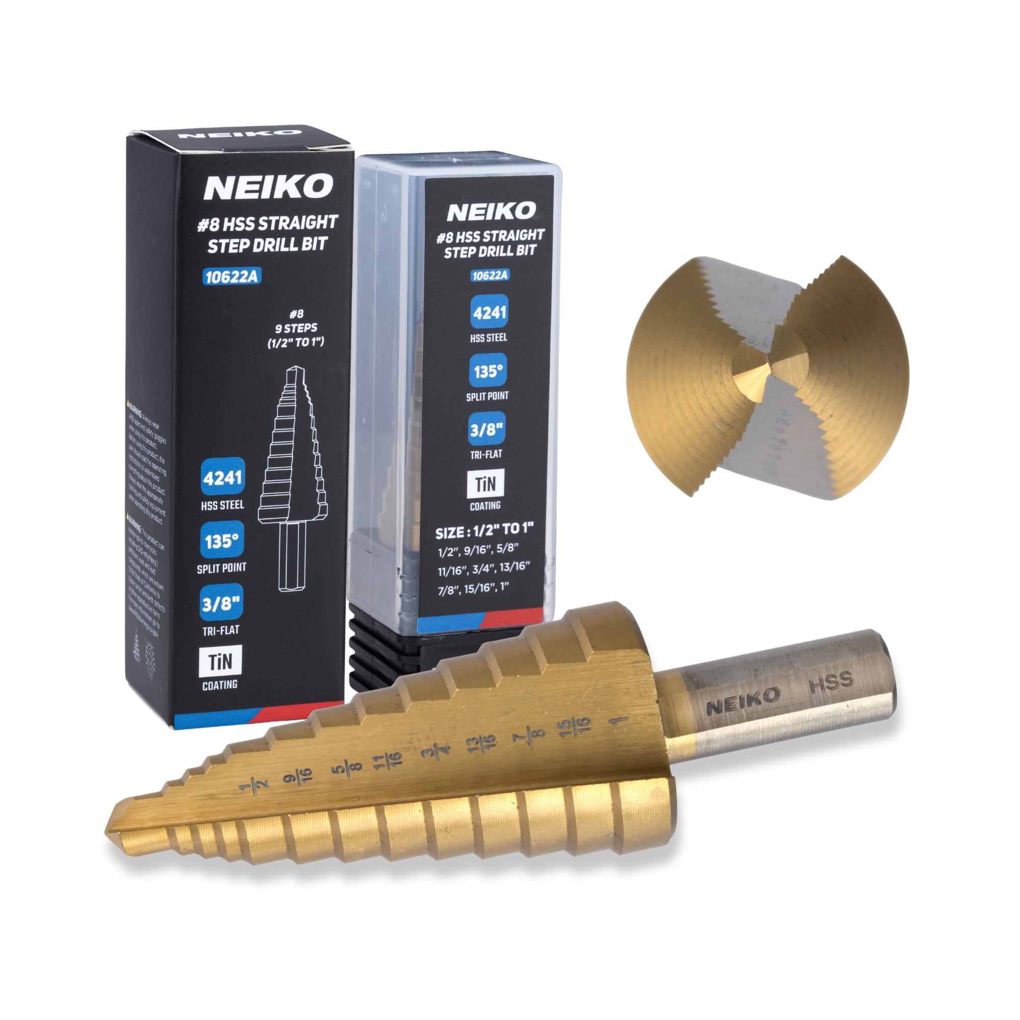 NEIKO 10622A Step Drill Bit, 9 Steps 1/2" to 1" Straight High Speed Steel, Titanium Nitride Coated, 3/8" Tri Flat Step Bits for Steel, Metal, Wood, Plastic, Unibit Cone Drill Bits, Two Flute