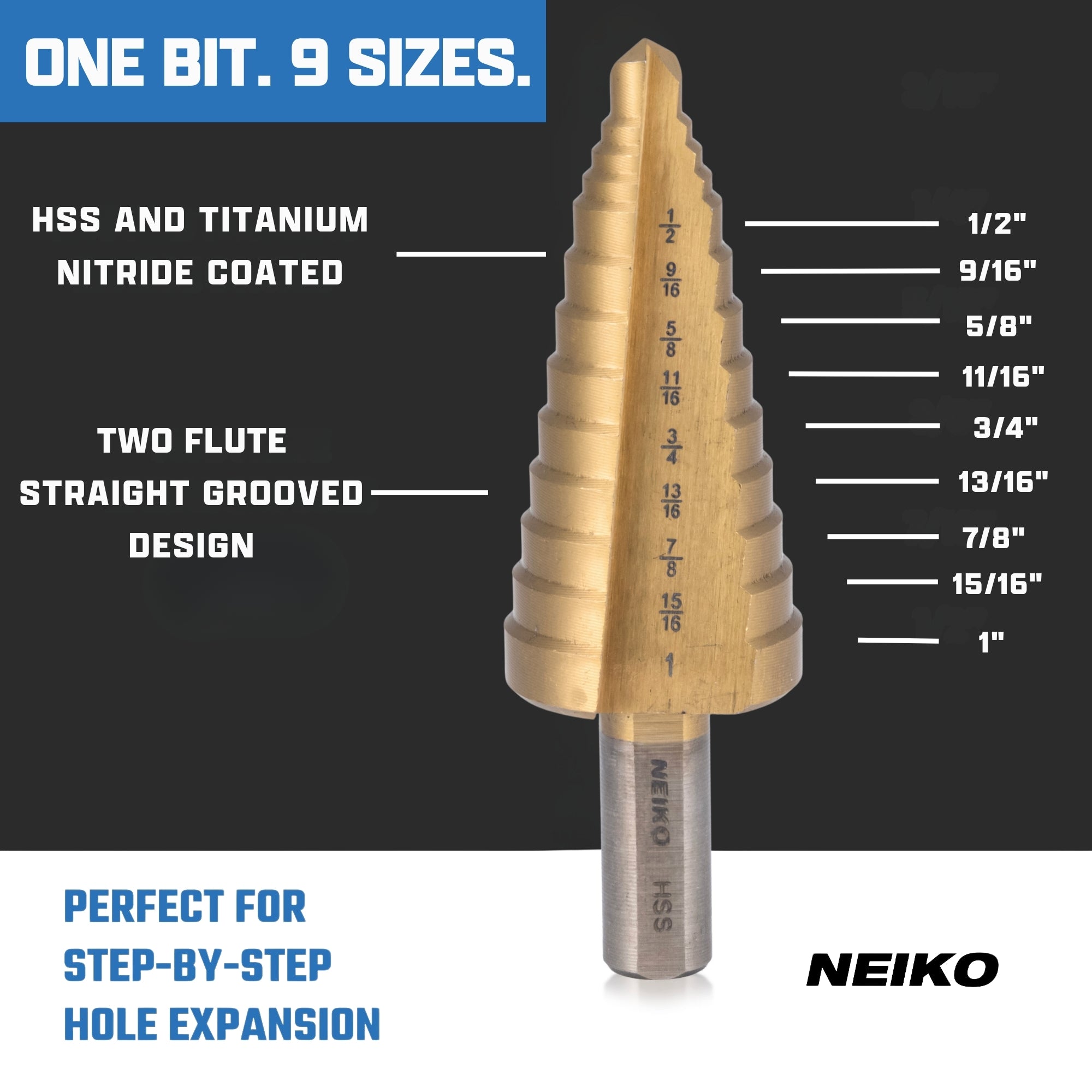 NEIKO 10622A Step Drill Bit, 9 Steps 1/2" to 1" Straight High Speed Steel, Titanium Nitride Coated, 3/8" Tri Flat Step Bits for Steel, Metal, Wood, Plastic, Unibit Cone Drill Bits, Two Flute