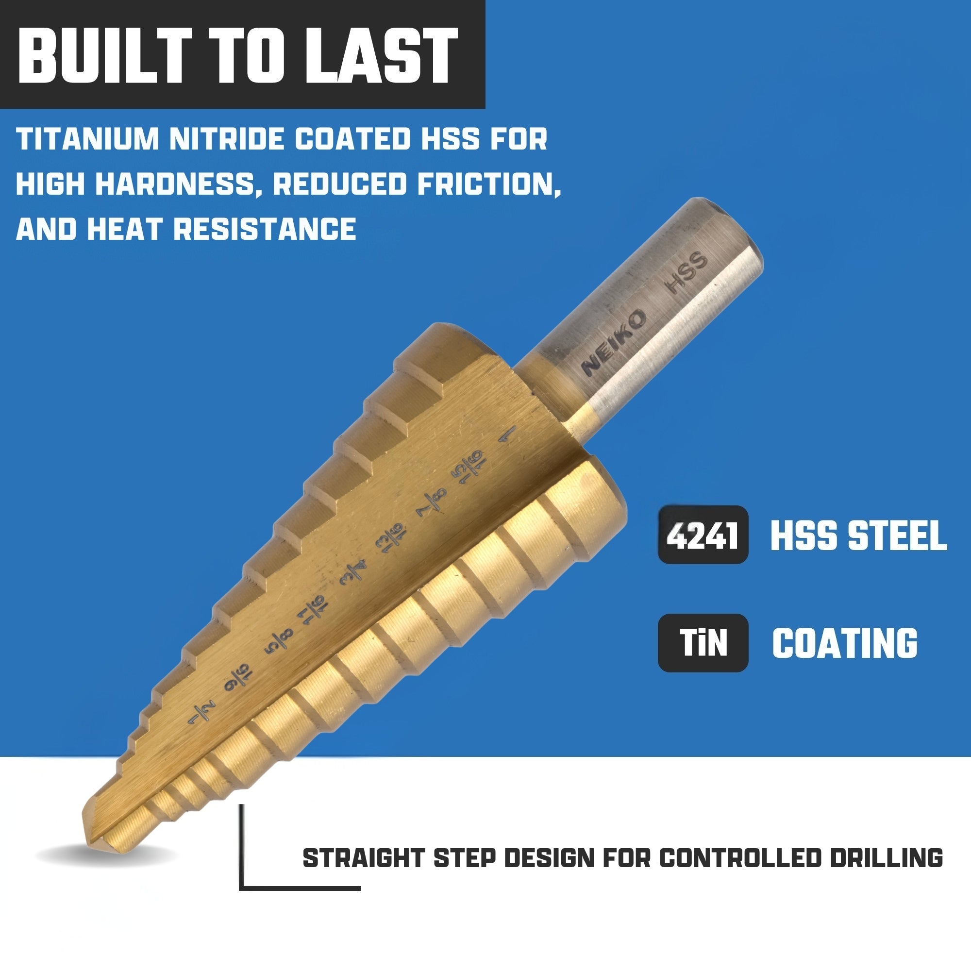 NEIKO 10622A Step Drill Bit, 9 Steps 1/2" to 1" Straight High Speed Steel, Titanium Nitride Coated, 3/8" Tri Flat Step Bits for Steel, Metal, Wood, Plastic, Unibit Cone Drill Bits, Two Flute