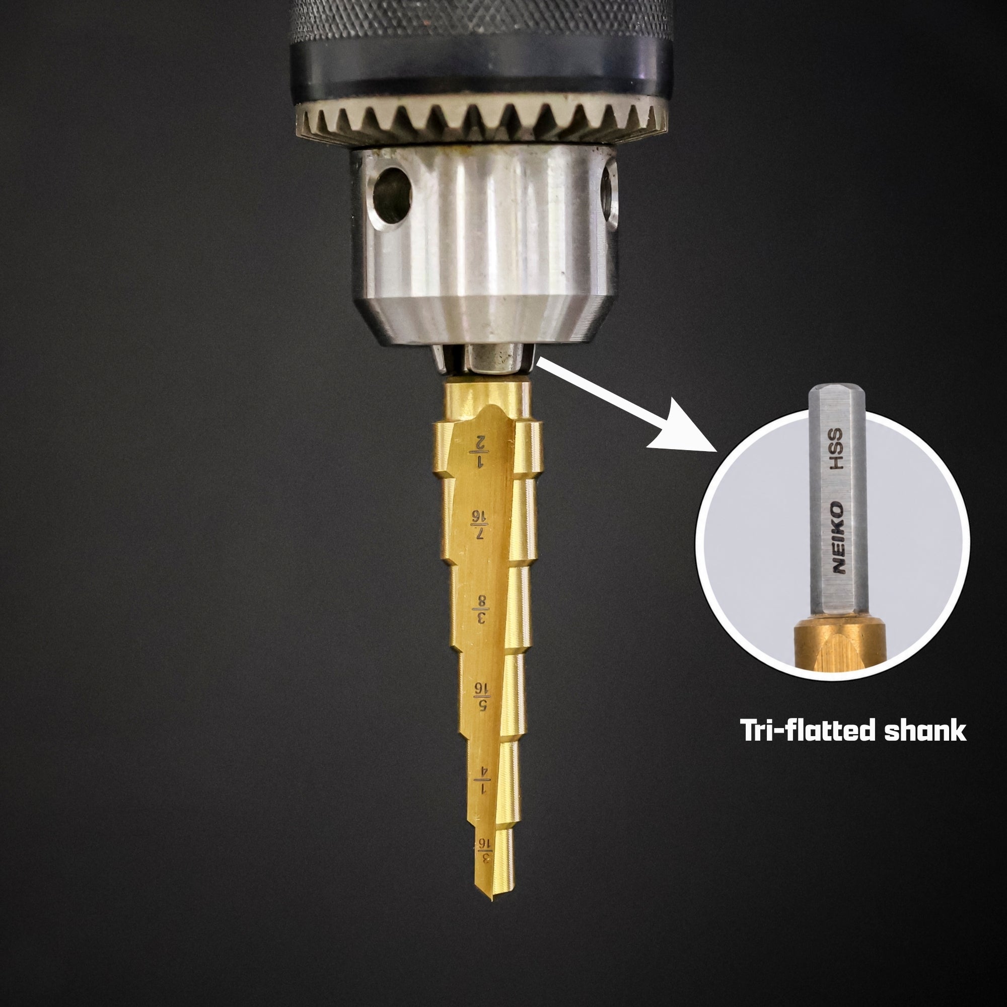 NEIKO 10622A Step Drill Bit, 9 Steps 1/2" to 1" Straight High Speed Steel, Titanium Nitride Coated, 3/8" Tri Flat Step Bits for Steel, Metal, Wood, Plastic, Unibit Cone Drill Bits, Two Flute