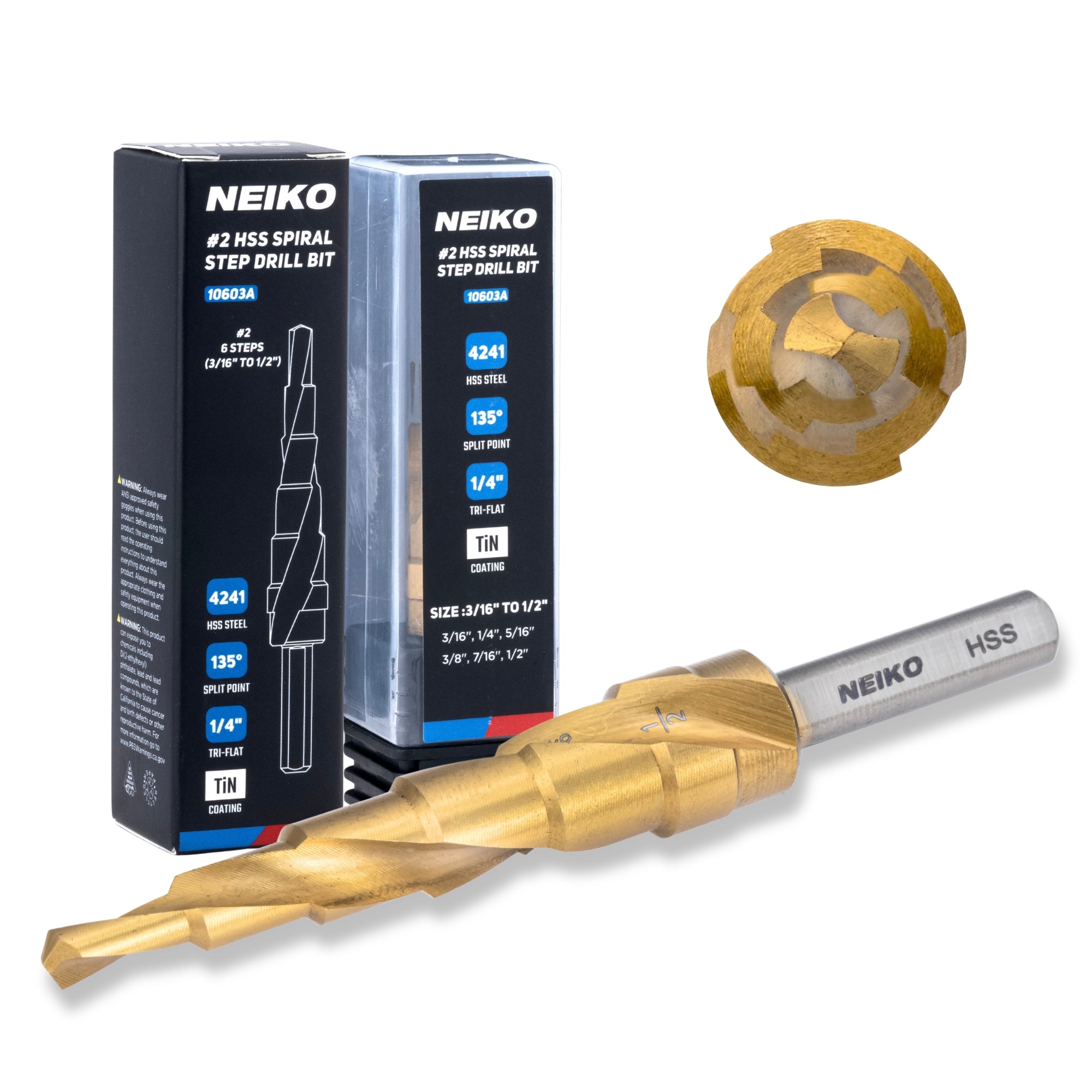NEIKO 10603A Step Drill Bit, 6 Steps 3/16" to 1/2" Spiral High Speed Steel, Titanium Nitride Coated, 1/4" Tri Flat Step Bits for Steel, Metal, Wood, Plastic, Unibit Cone Drill Bits, Two Flute