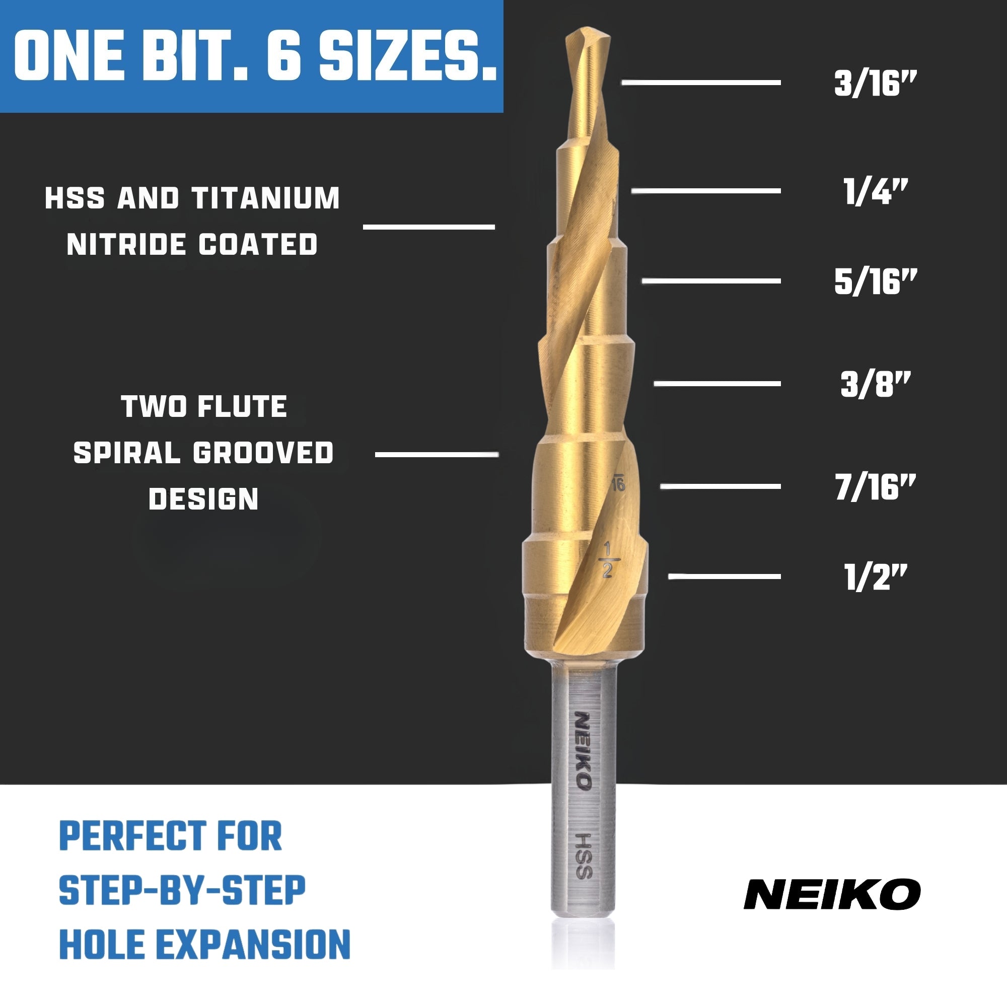 NEIKO 10603A Step Drill Bit, 6 Steps 3/16" to 1/2" Spiral High Speed Steel, Titanium Nitride Coated, 1/4" Tri Flat Step Bits for Steel, Metal, Wood, Plastic, Unibit Cone Drill Bits, Two Flute