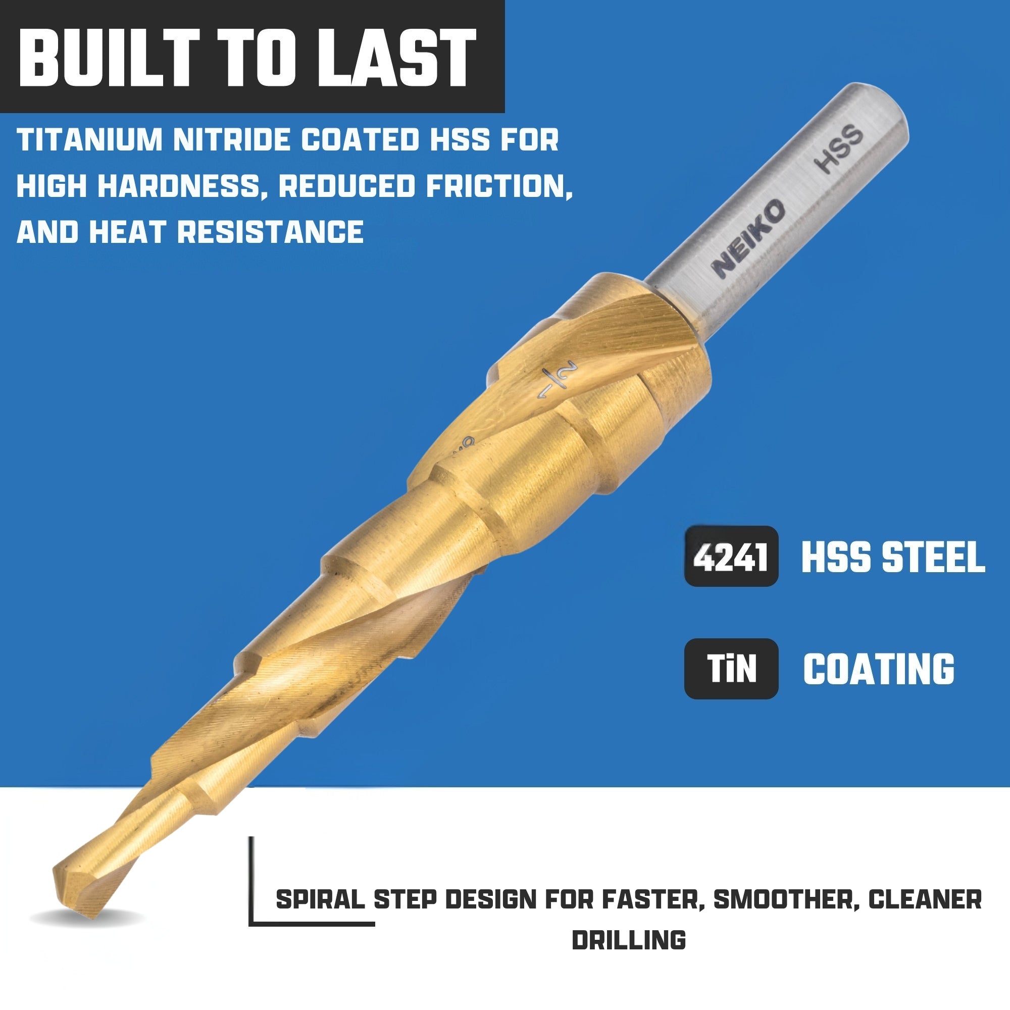 NEIKO 10603A Step Drill Bit, 6 Steps 3/16" to 1/2" Spiral High Speed Steel, Titanium Nitride Coated, 1/4" Tri Flat Step Bits for Steel, Metal, Wood, Plastic, Unibit Cone Drill Bits, Two Flute