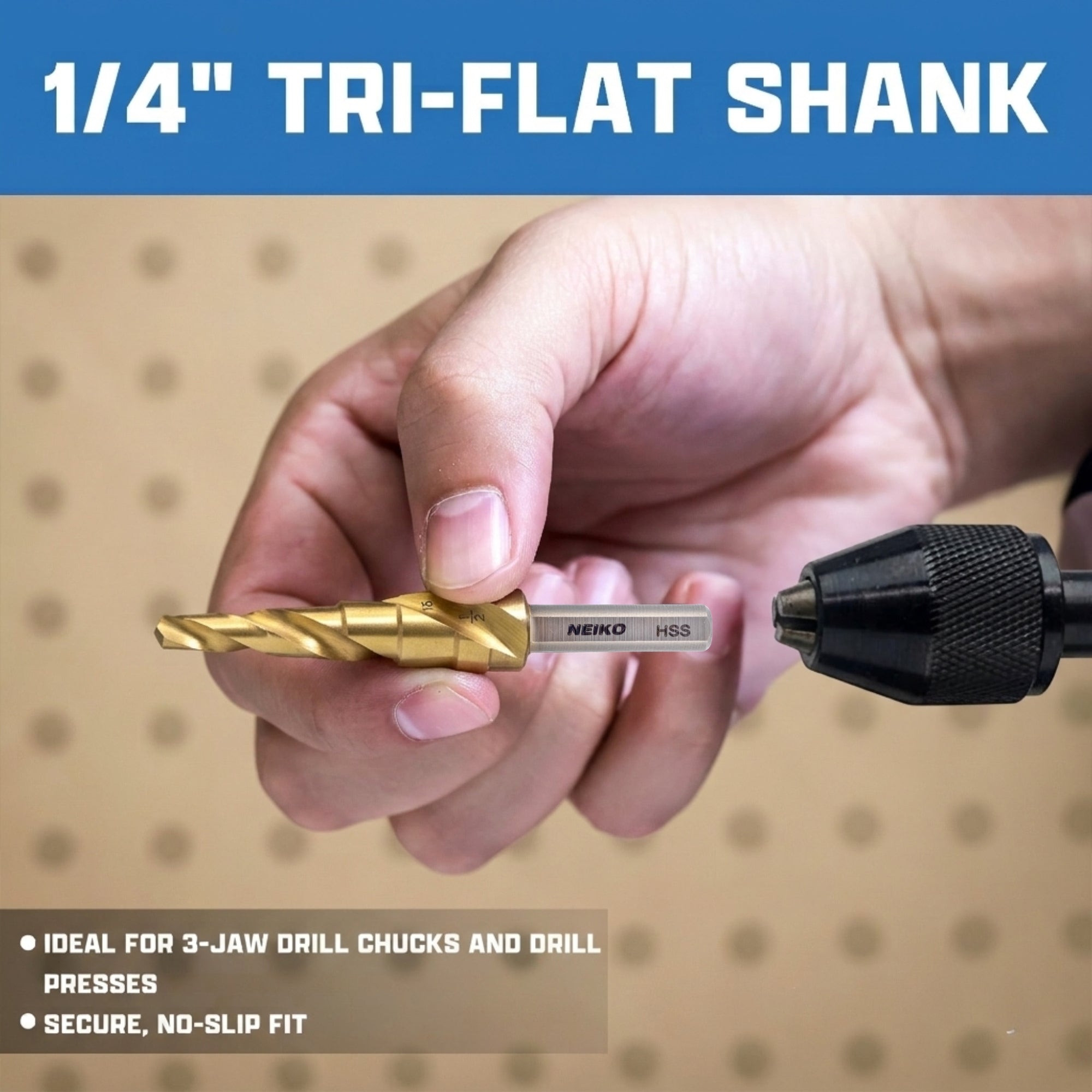 NEIKO 10603A Step Drill Bit, 6 Steps 3/16" to 1/2" Spiral High Speed Steel, Titanium Nitride Coated, 1/4" Tri Flat Step Bits for Steel, Metal, Wood, Plastic, Unibit Cone Drill Bits, Two Flute