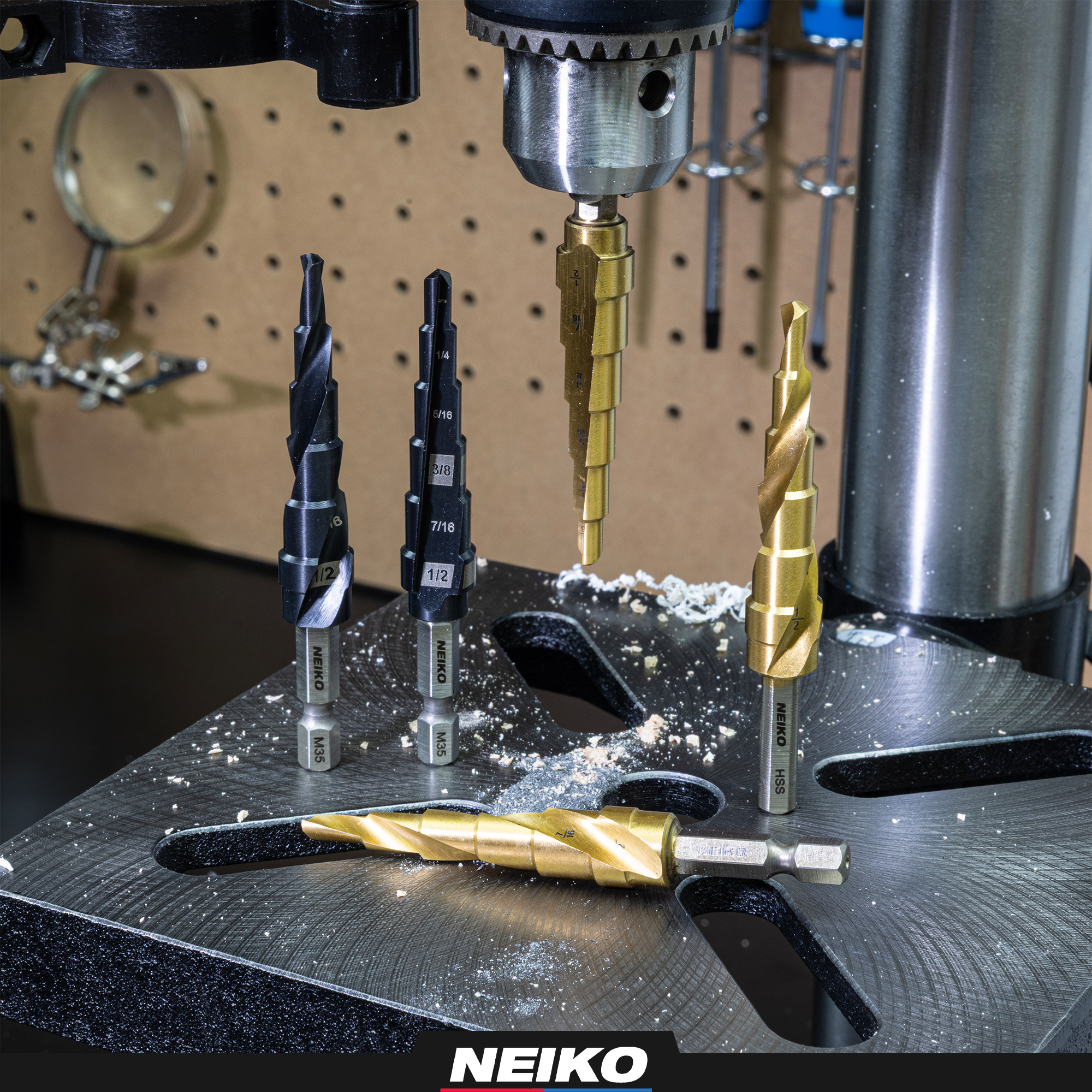 NEIKO 10603A Step Drill Bit, 6 Steps 3/16" to 1/2" Spiral High Speed Steel, Titanium Nitride Coated, 1/4" Tri Flat Step Bits for Steel, Metal, Wood, Plastic, Unibit Cone Drill Bits, Two Flute