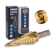 NEIKO 10609A Step Drill Bit, 12 Steps 3/16" to 7/8" Spiral High Speed Steel, Titanium Nitride Coated, 3/8" Tri Flat Step Bits for Steel, Metal, Wood, Plastic, Unibit Cone Drill Bits, Two Flute