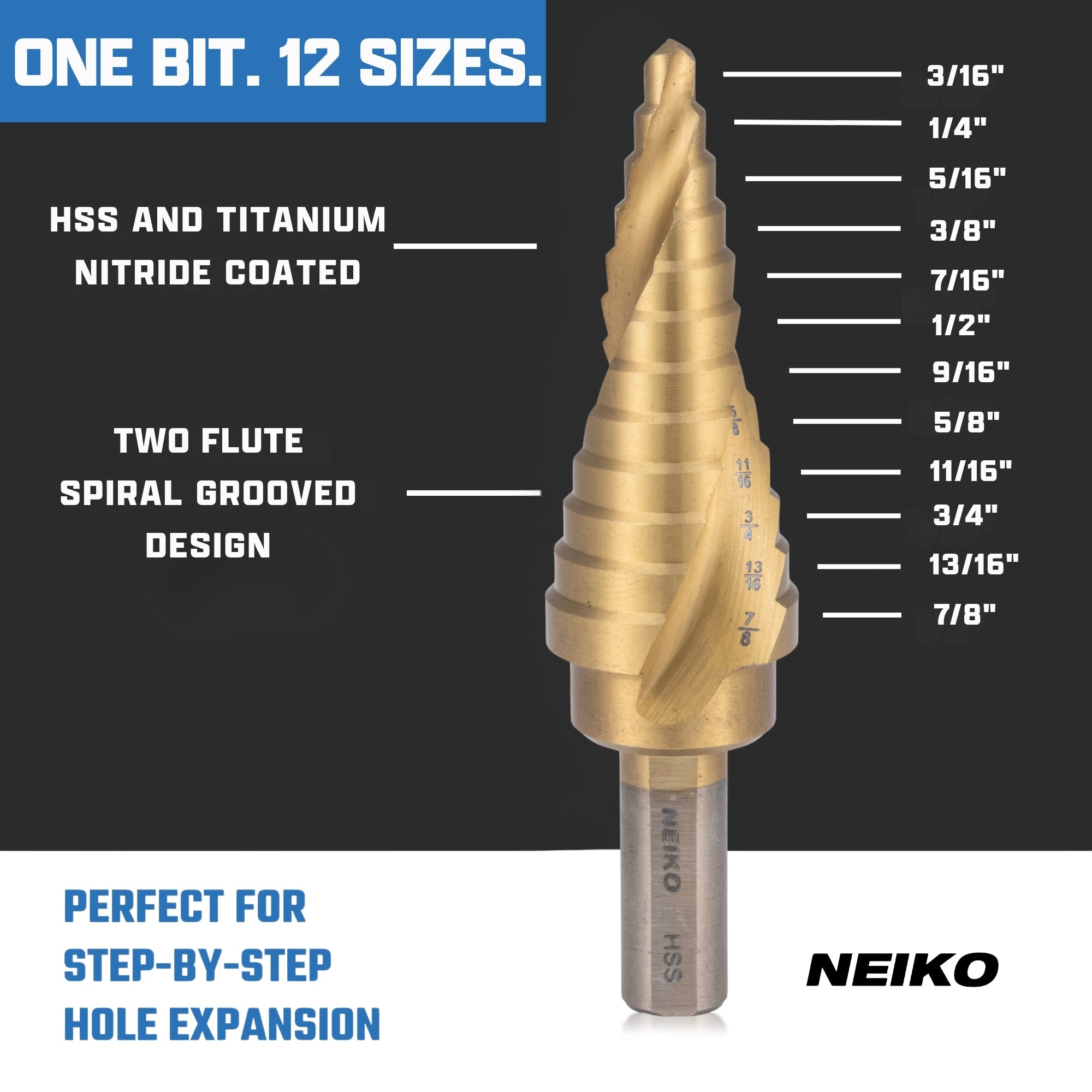 NEIKO 10609A Step Drill Bit, 12 Steps 3/16" to 7/8" Spiral High Speed Steel, Titanium Nitride Coated, 3/8" Tri Flat Step Bits for Steel, Metal, Wood, Plastic, Unibit Cone Drill Bits, Two Flute