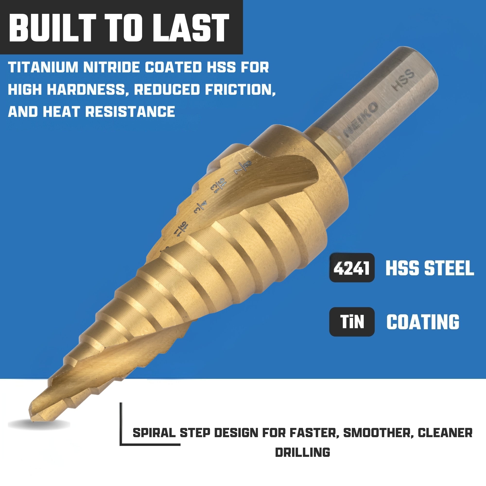 NEIKO 10609A Step Drill Bit, 12 Steps 3/16" to 7/8" Spiral High Speed Steel, Titanium Nitride Coated, 3/8" Tri Flat Step Bits for Steel, Metal, Wood, Plastic, Unibit Cone Drill Bits, Two Flute