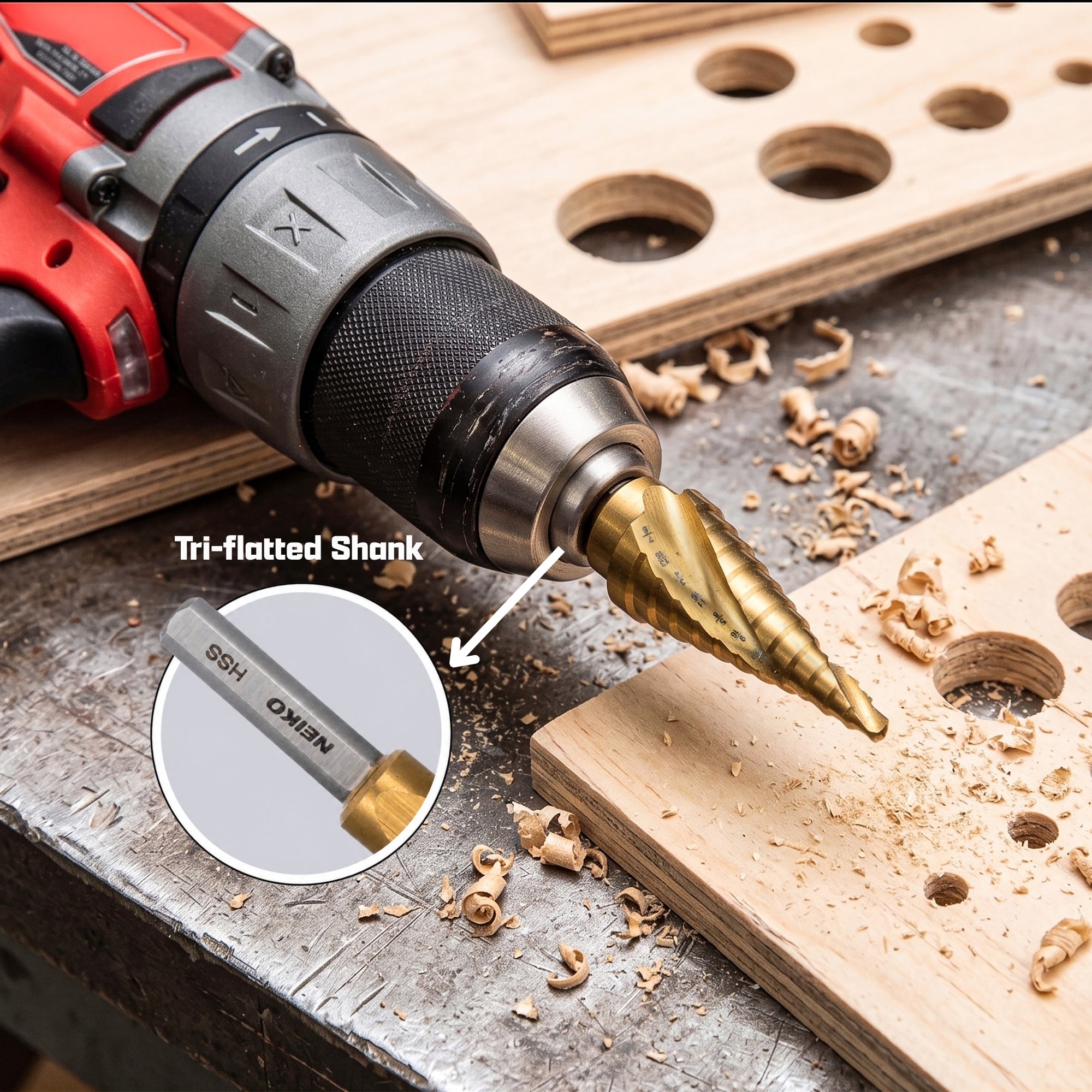 NEIKO 10609A Step Drill Bit, 12 Steps 3/16" to 7/8" Spiral High Speed Steel, Titanium Nitride Coated, 3/8" Tri Flat Step Bits for Steel, Metal, Wood, Plastic, Unibit Cone Drill Bits, Two Flute