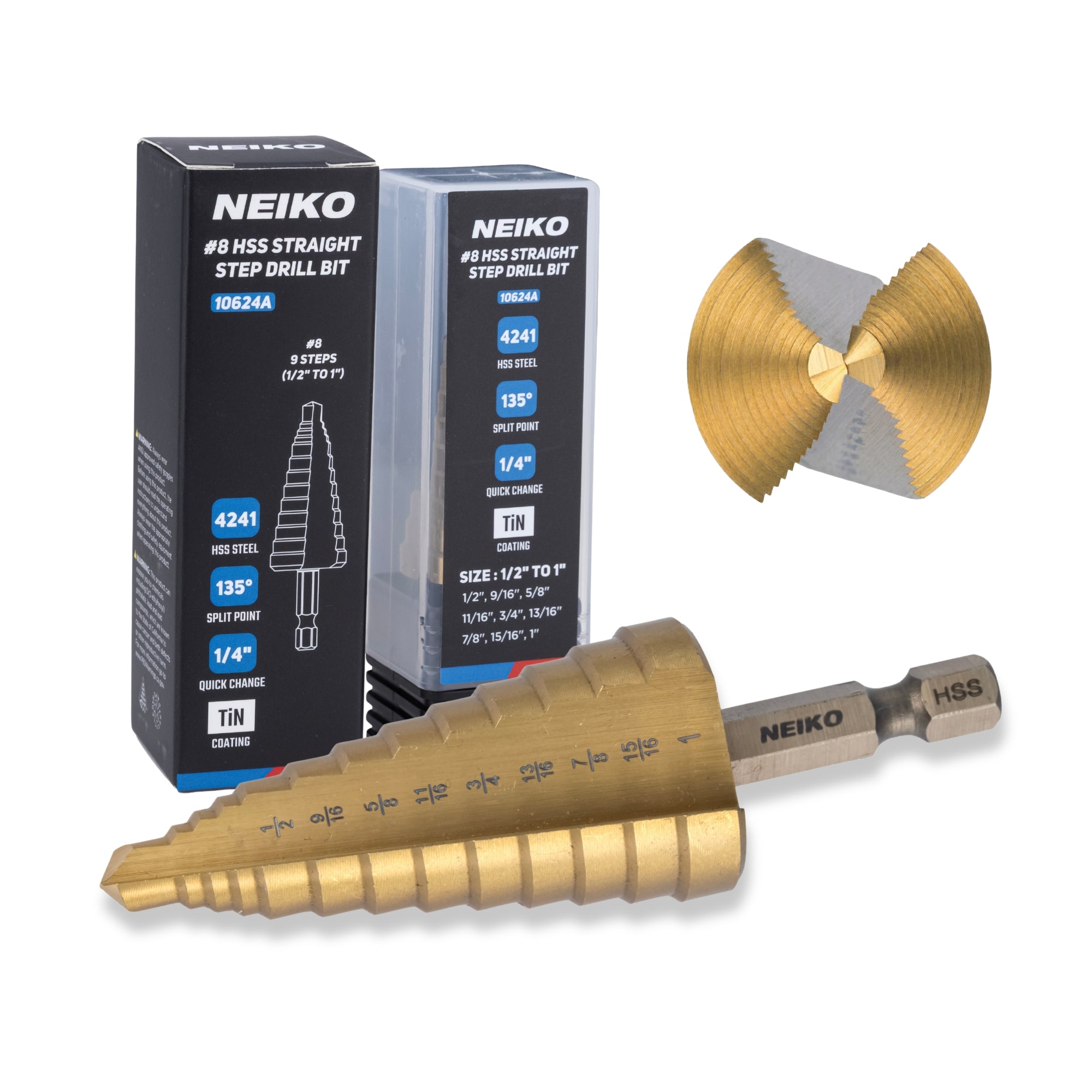 NEIKO 10624A Step Drill Bit, 9 Steps 1/2" to 1" Straight High Speed Steel, Titanium Nitride Coated, 1/4" Quick Change Step Bits for Steel, Metal, Wood, Plastic, Unibit Cone Drill Bits, Two Flute