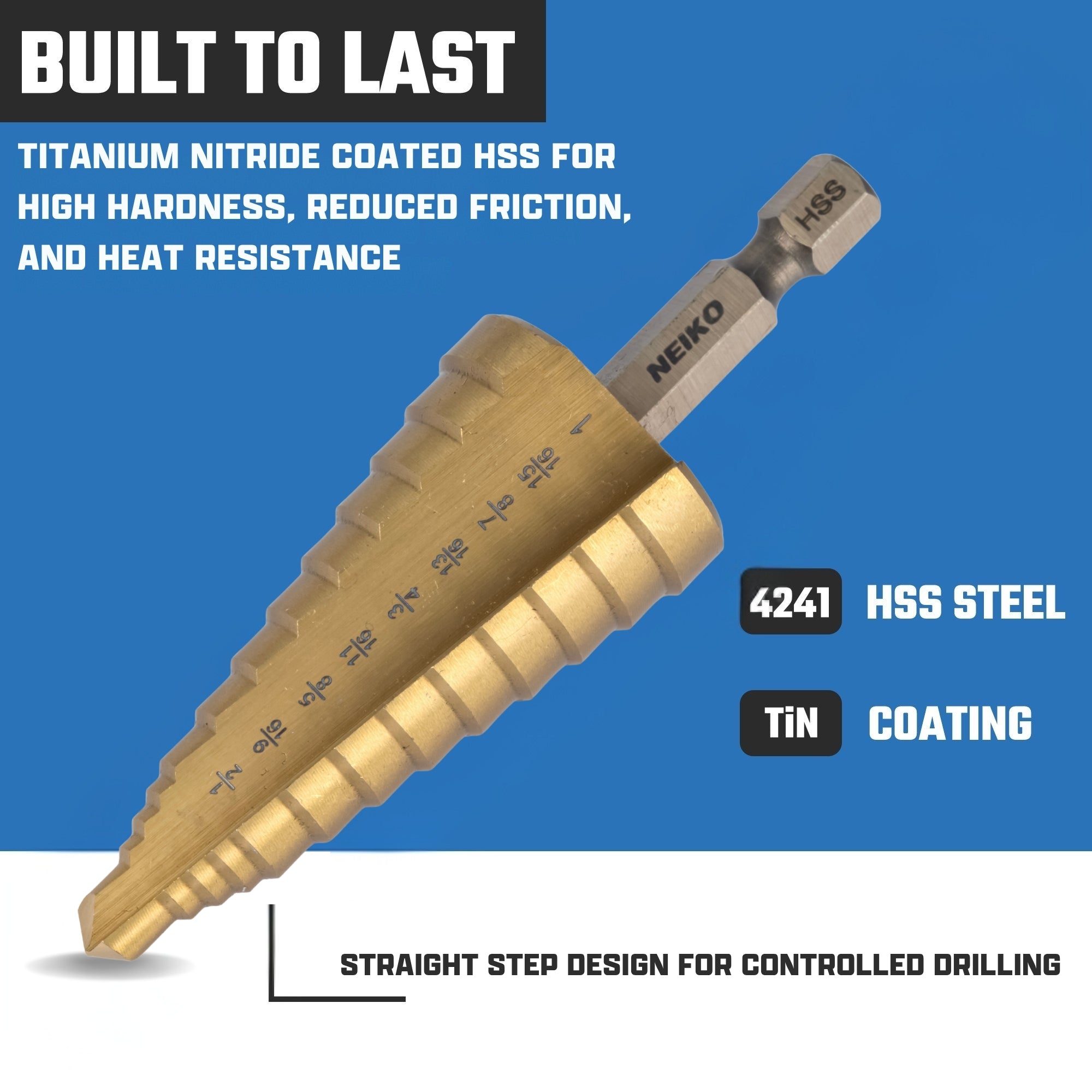 NEIKO 10624A Step Drill Bit, 9 Steps 1/2" to 1" Straight High Speed Steel, Titanium Nitride Coated, 1/4" Quick Change Step Bits for Steel, Metal, Wood, Plastic, Unibit Cone Drill Bits, Two Flute