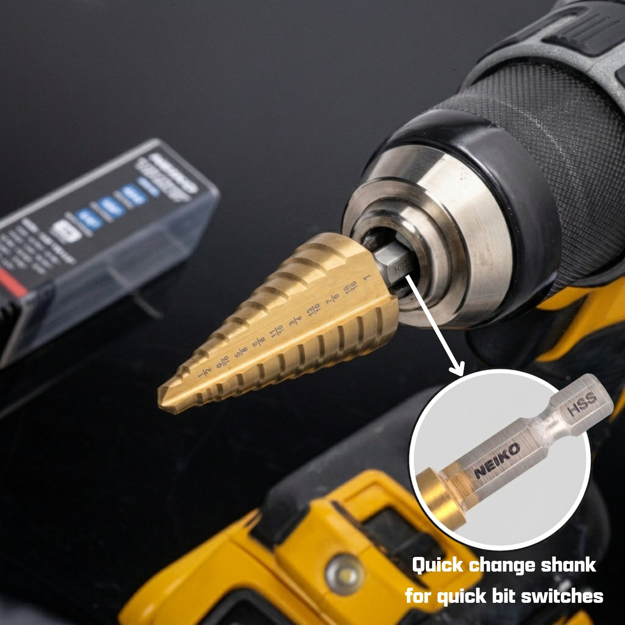 NEIKO 10624A Step Drill Bit, 9 Steps 1/2" to 1" Straight High Speed Steel, Titanium Nitride Coated, 1/4" Quick Change Step Bits for Steel, Metal, Wood, Plastic, Unibit Cone Drill Bits, Two Flute