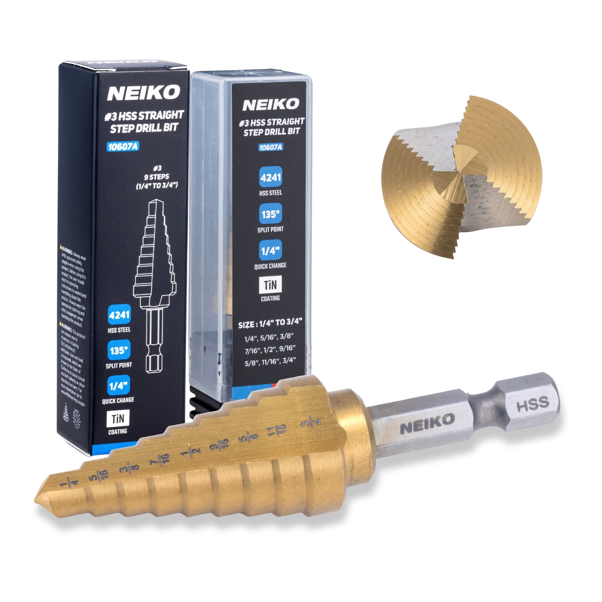 NEIKO 10607A Step Drill Bit, 9 Steps 1/4" to 3/4" Straight High Speed Steel, Titanium Nitride Coated, 1/4" Quick Change Step Bits for Steel, Metal, Wood, Plastic, Unibit Cone Drill Bits, Two Flute