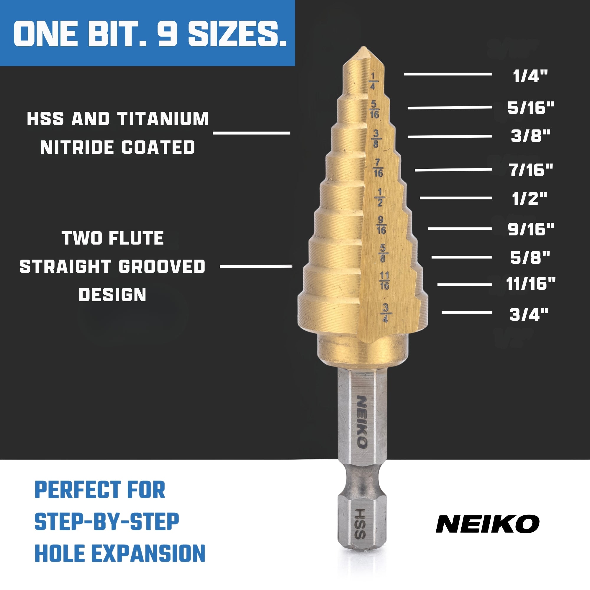 NEIKO 10607A Step Drill Bit, 9 Steps 1/4" to 3/4" Straight High Speed Steel, Titanium Nitride Coated, 1/4" Quick Change Step Bits for Steel, Metal, Wood, Plastic, Unibit Cone Drill Bits, Two Flute