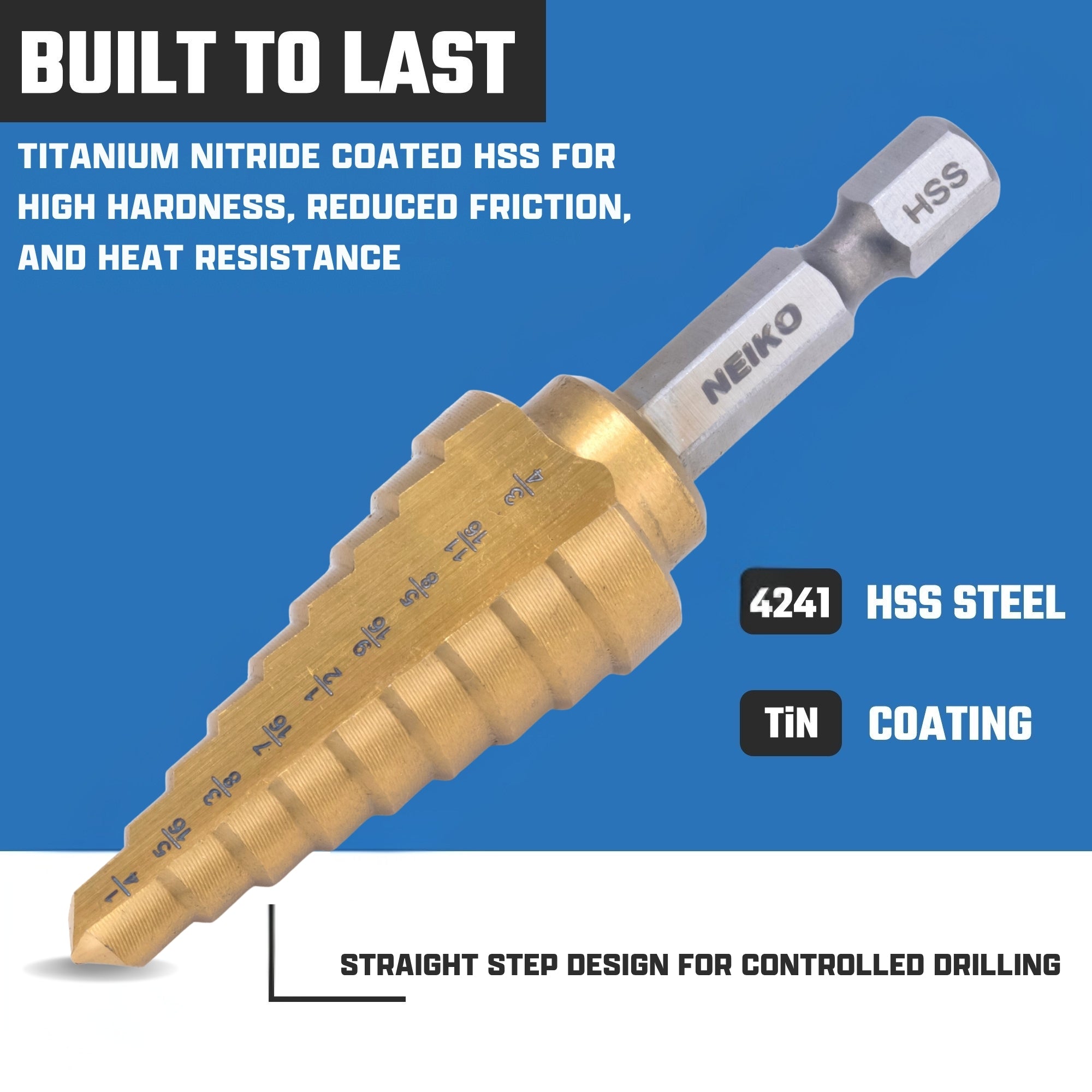 NEIKO 10607A Step Drill Bit, 9 Steps 1/4" to 3/4" Straight High Speed Steel, Titanium Nitride Coated, 1/4" Quick Change Step Bits for Steel, Metal, Wood, Plastic, Unibit Cone Drill Bits, Two Flute